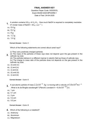 KEAM 2025 April 24 (Pharmacy - FN Session) Question Paper with Answer Key
