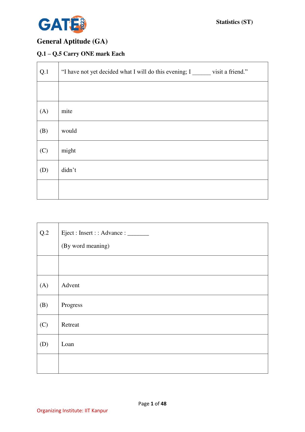 GATE 2023 Statistics (ST) Question Paper - Page 1