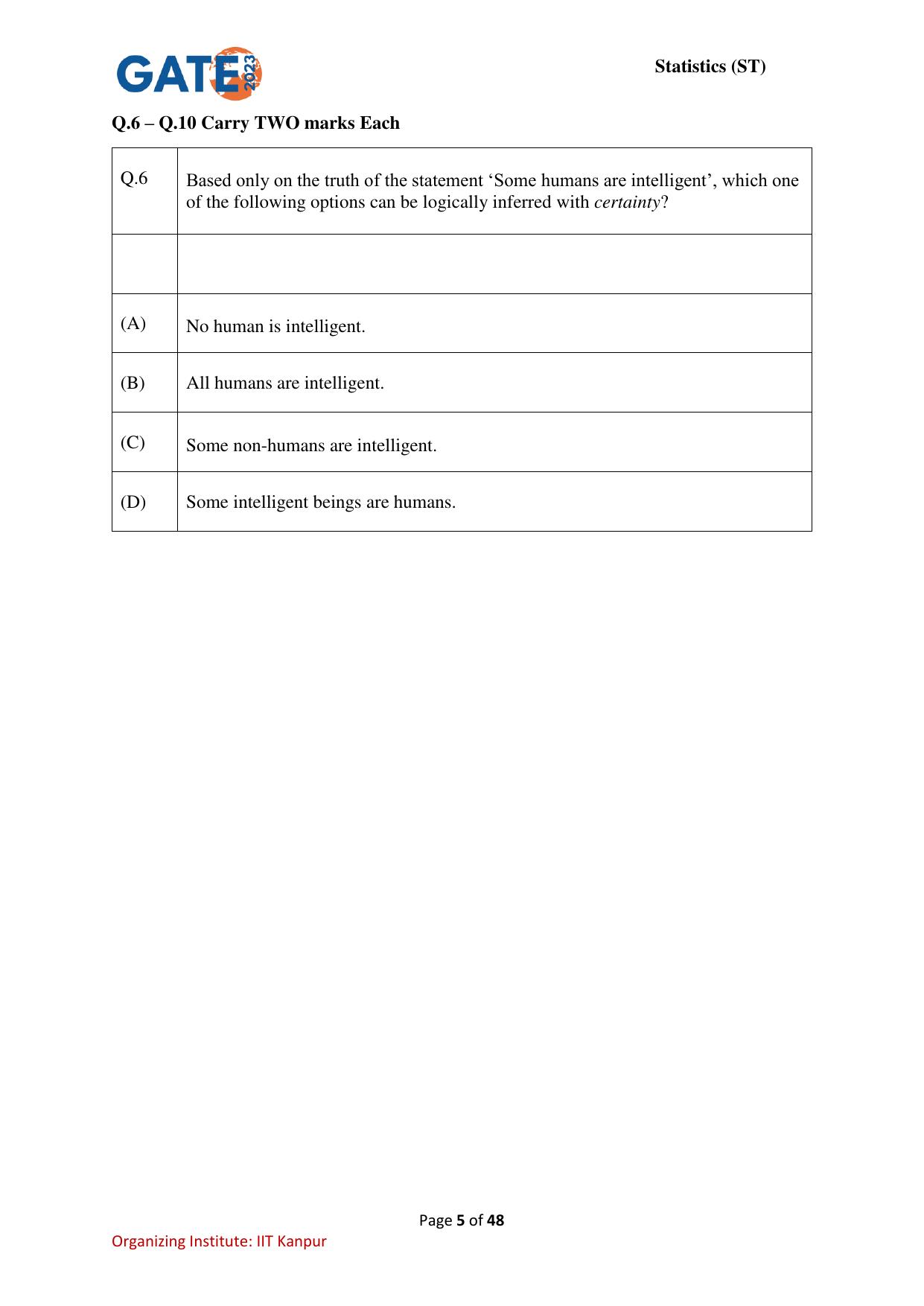 GATE 2023 Statistics (ST) Question Paper - Page 5