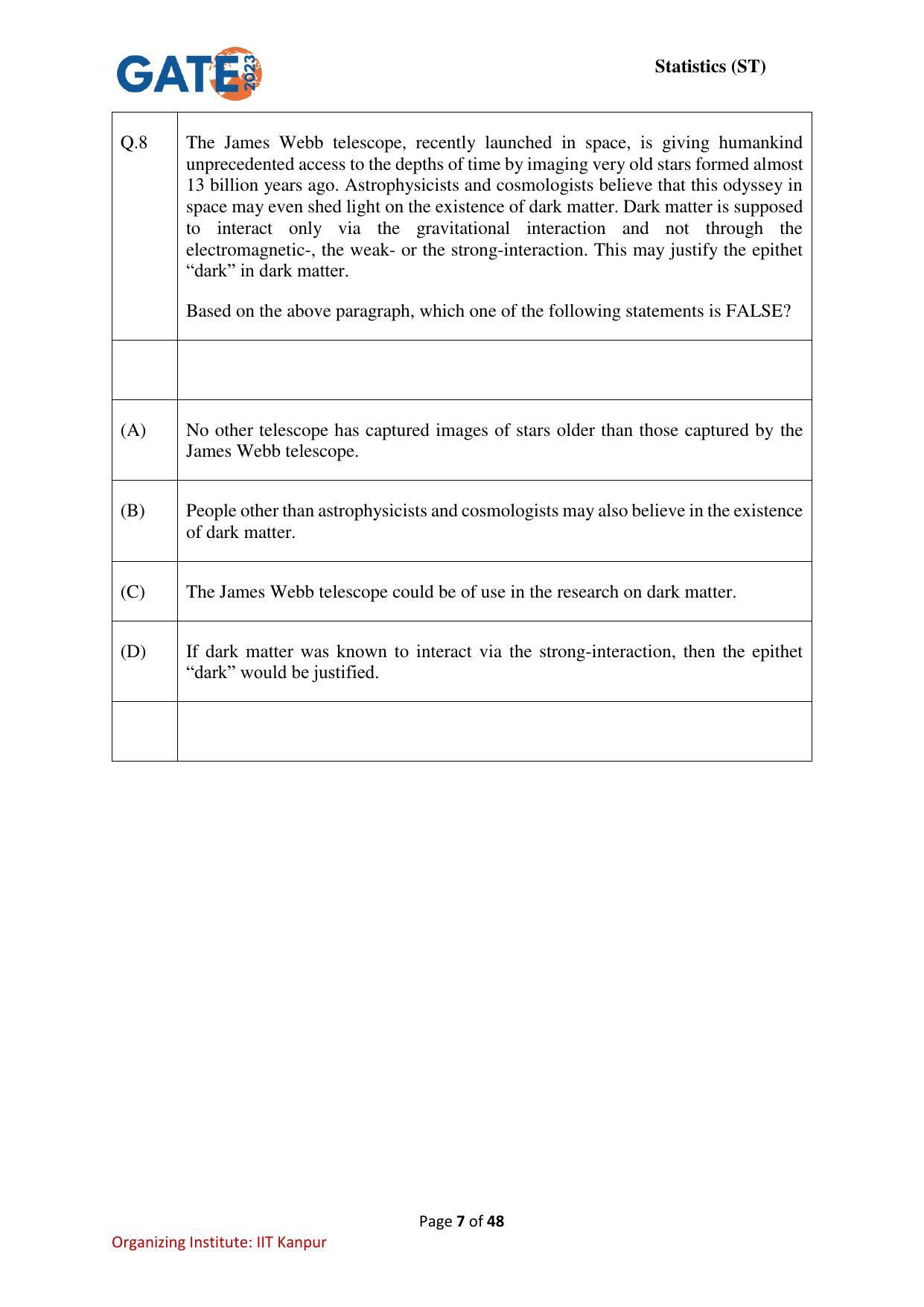 GATE 2023 Statistics (ST) Question Paper - Page 7