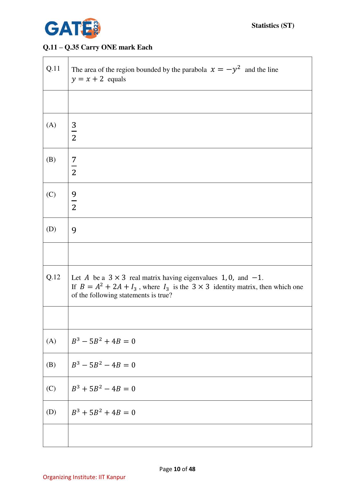 GATE 2023 Statistics (ST) Question Paper - Page 10