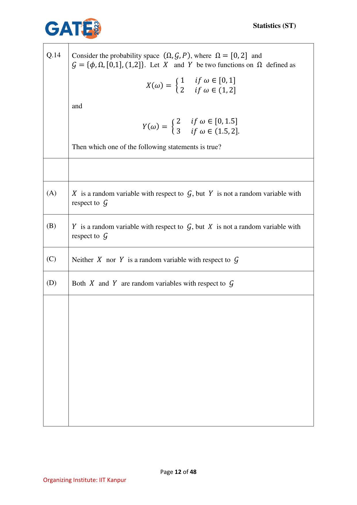 GATE 2023 Statistics (ST) Question Paper - Page 12