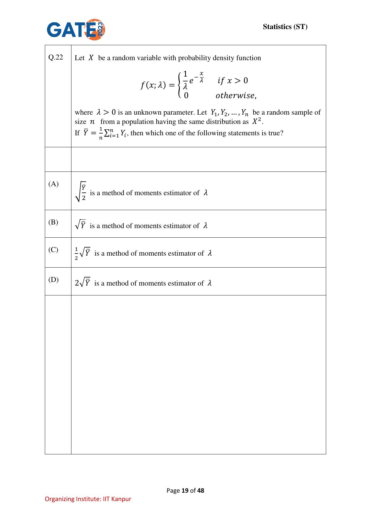 GATE 2023 Statistics (ST) Question Paper - Page 19