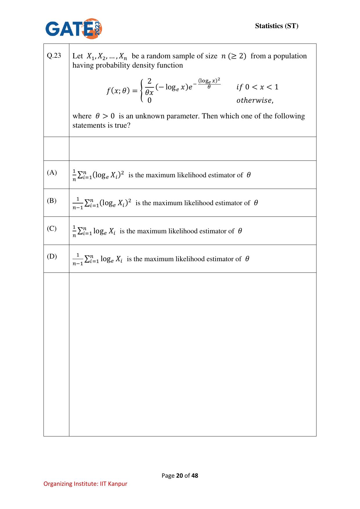 GATE 2023 Statistics (ST) Question Paper - Page 20