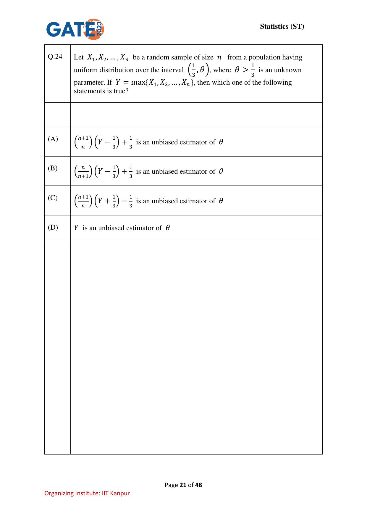 GATE 2023 Statistics (ST) Question Paper - Page 21
