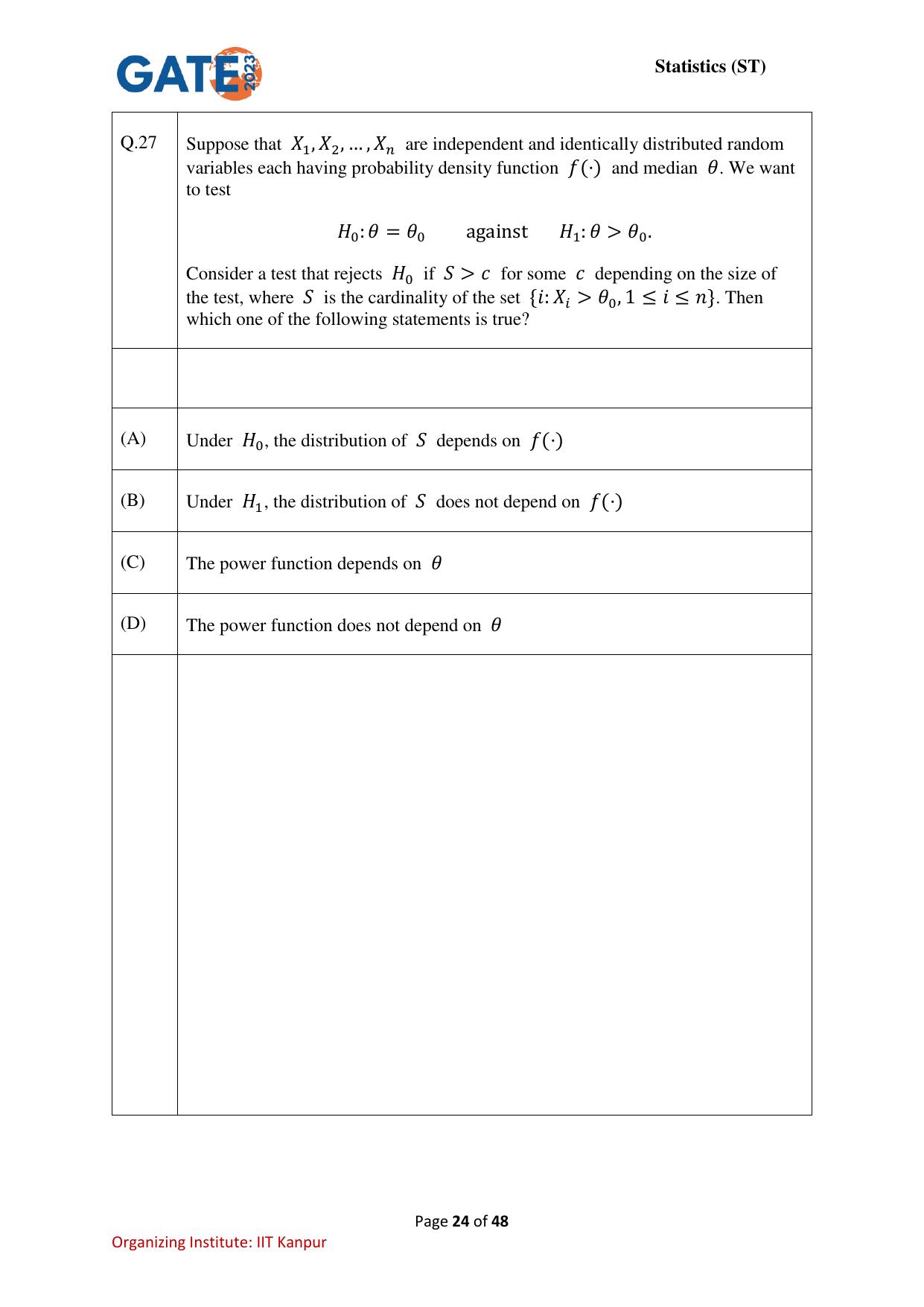 GATE 2023 Statistics (ST) Question Paper - Page 24