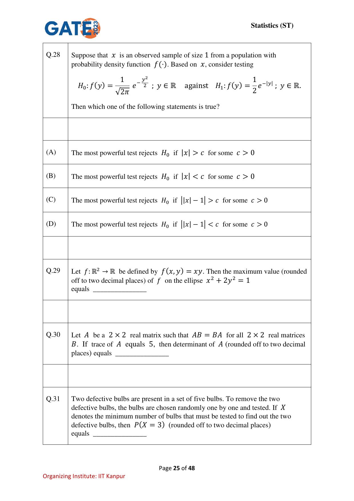 GATE 2023 Statistics (ST) Question Paper - Page 25