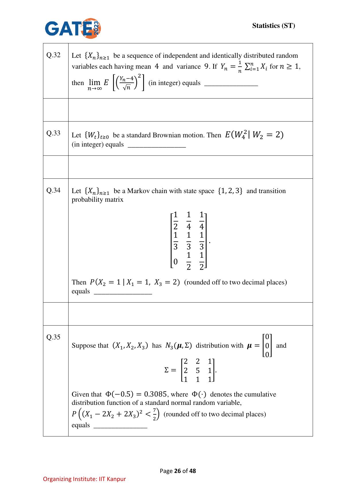 GATE 2023 Statistics (ST) Question Paper - Page 26