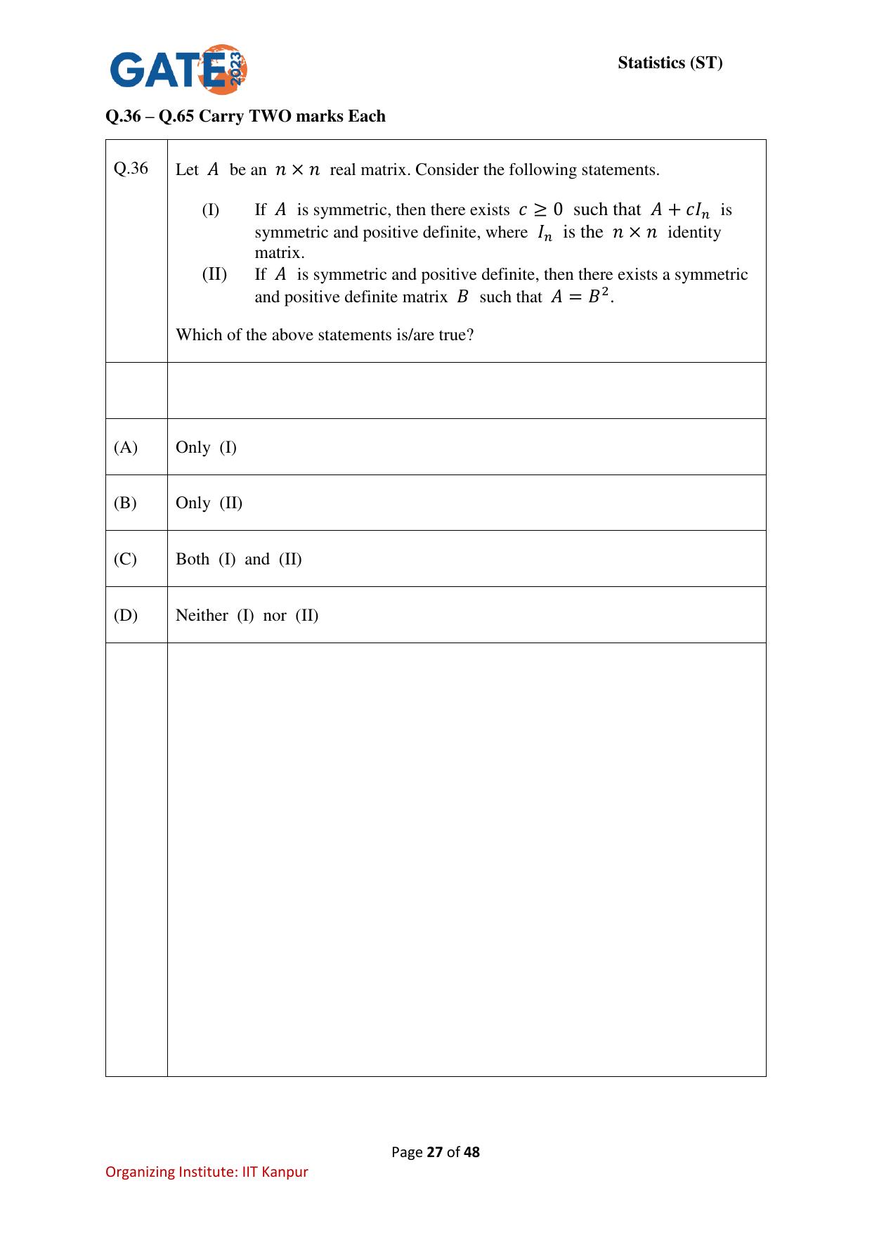 GATE 2023 Statistics (ST) Question Paper - Page 27
