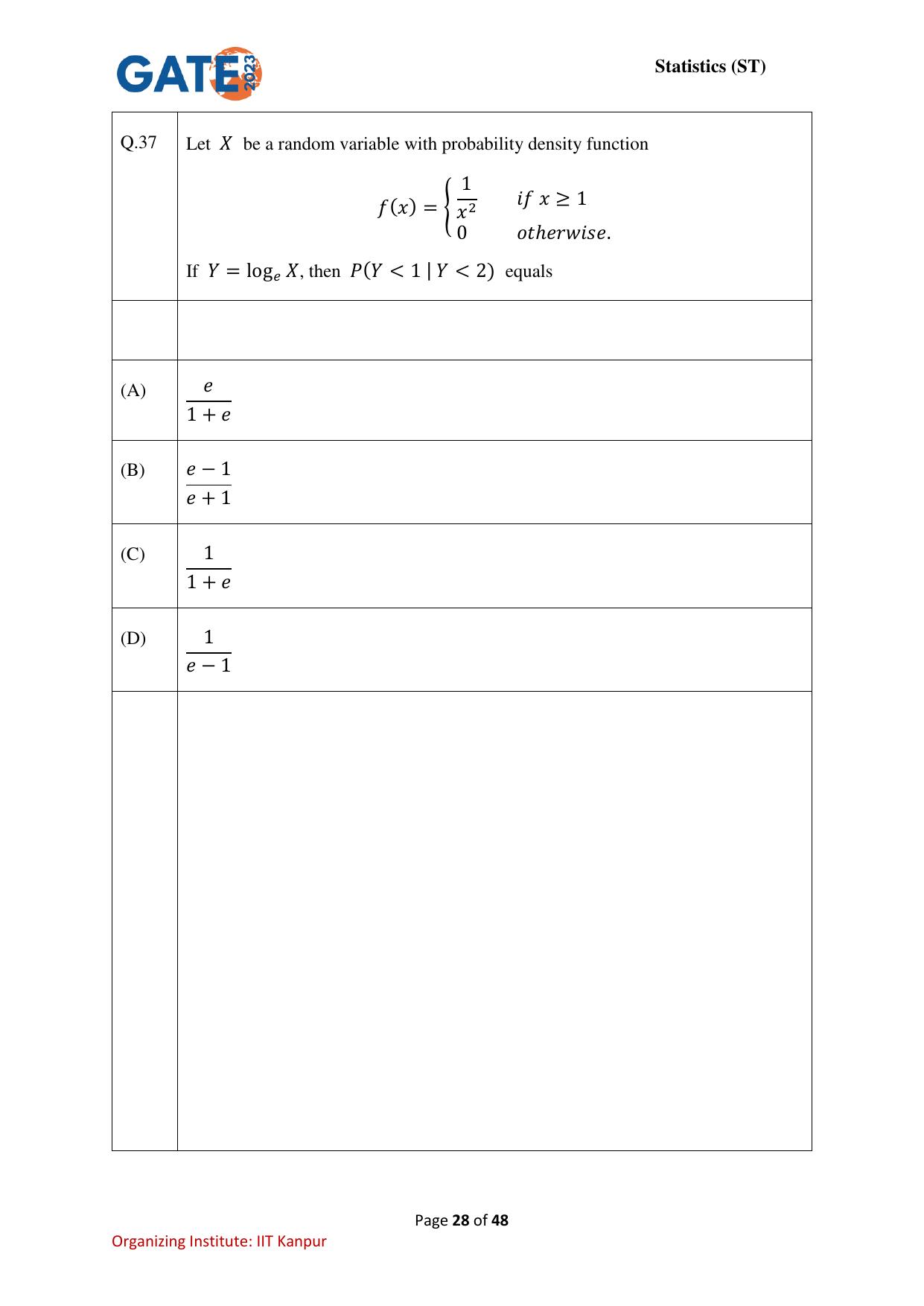 GATE 2023 Statistics (ST) Question Paper - Page 28