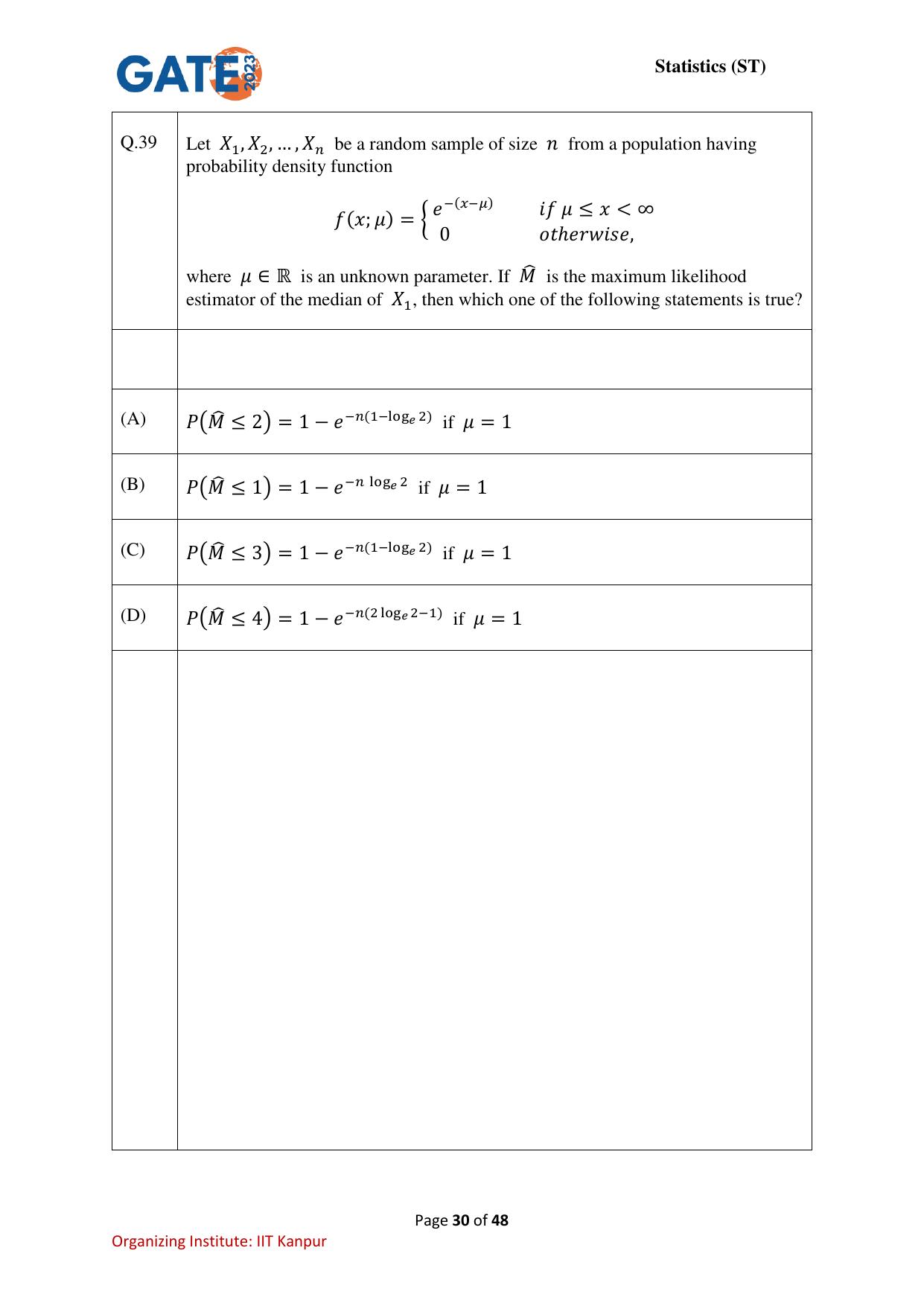 GATE 2023 Statistics (ST) Question Paper - Page 30
