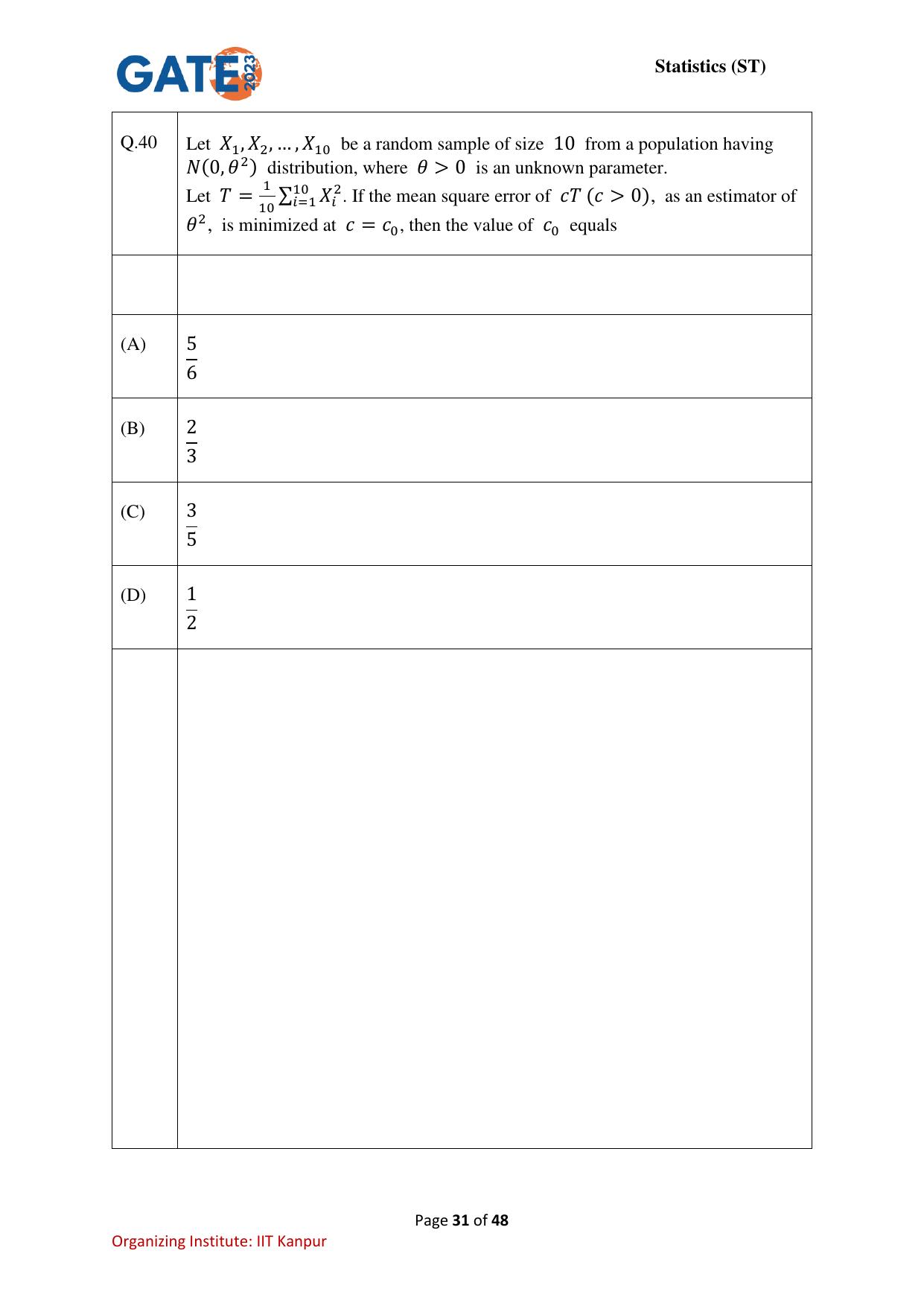 GATE 2023 Statistics (ST) Question Paper - Page 31