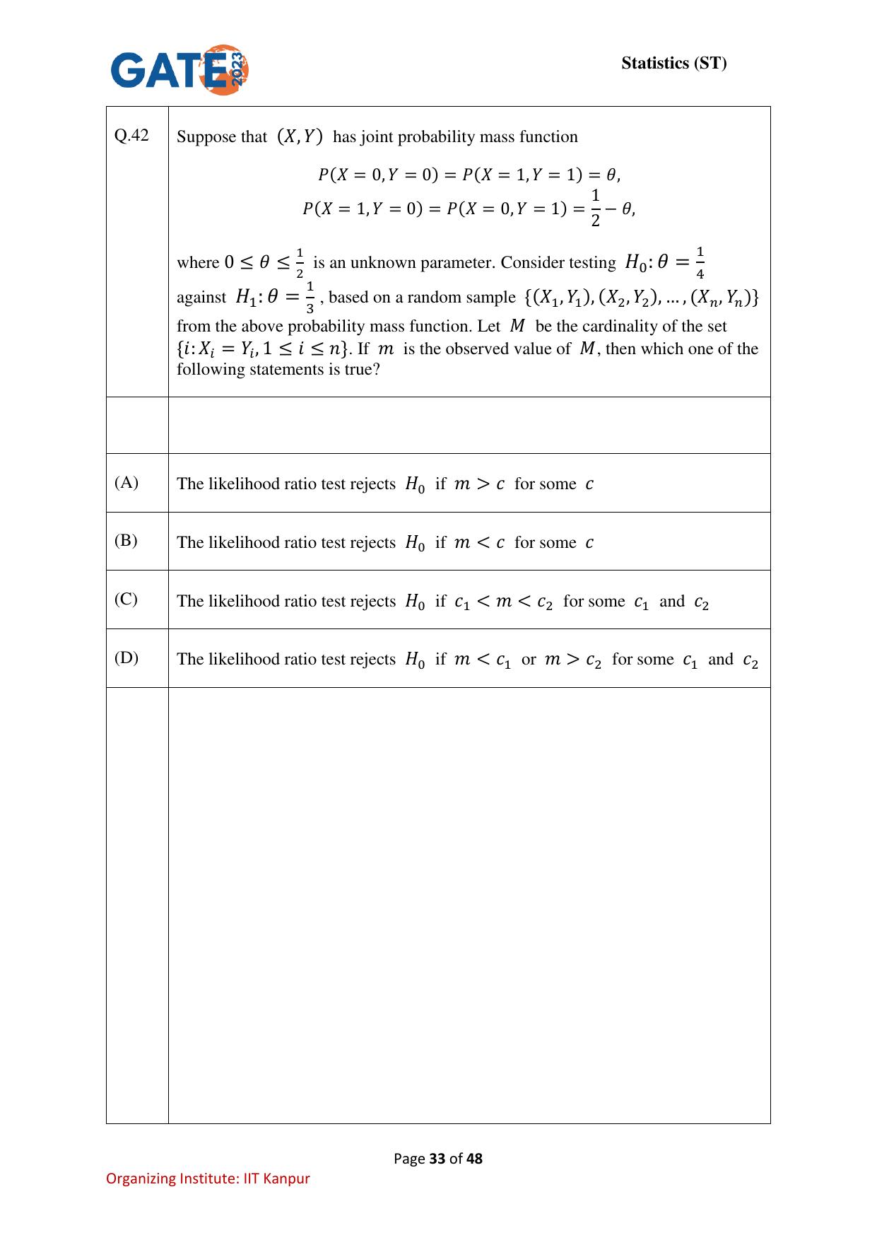 GATE 2023 Statistics (ST) Question Paper - Page 33