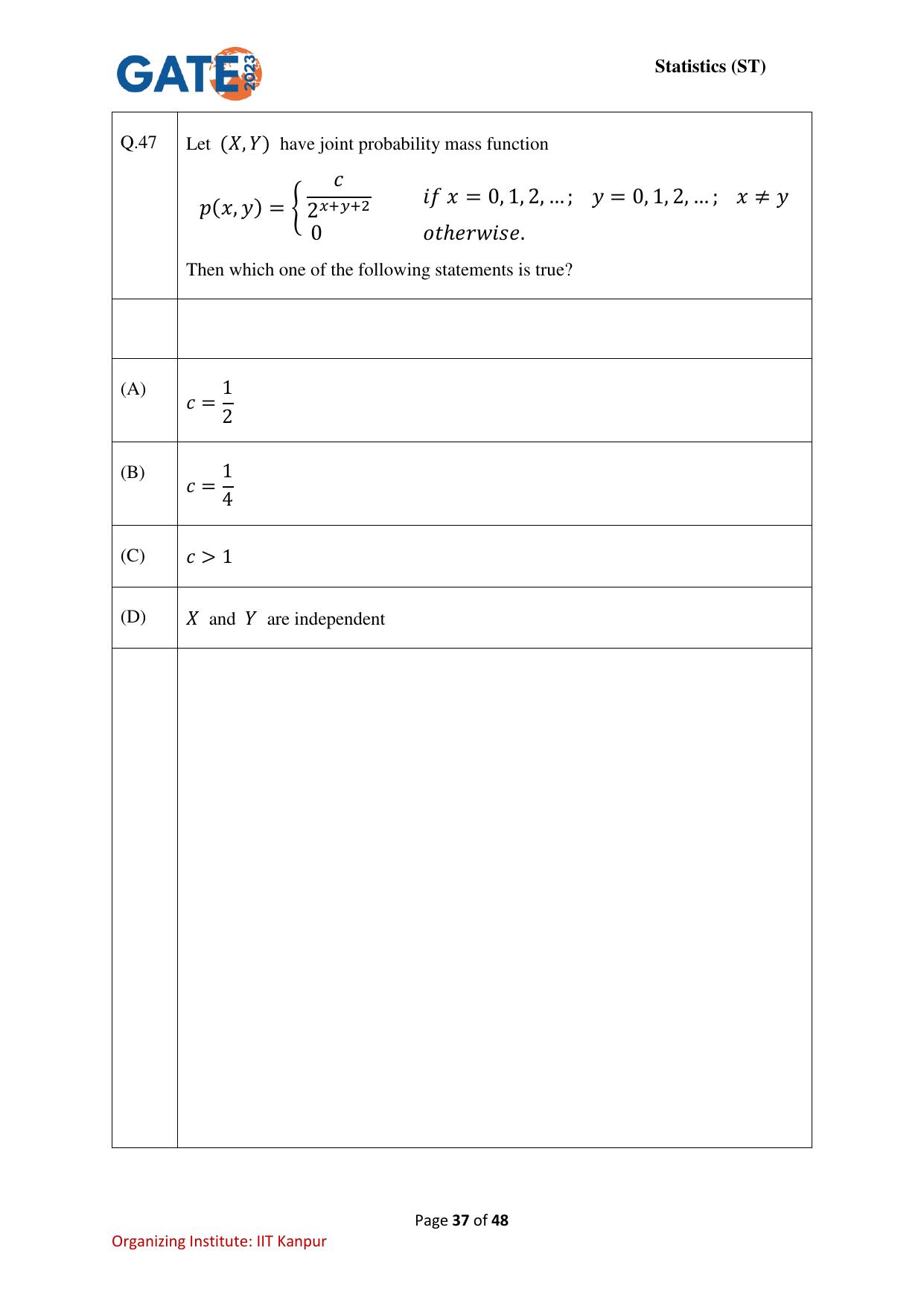 GATE 2023 Statistics (ST) Question Paper - Page 37