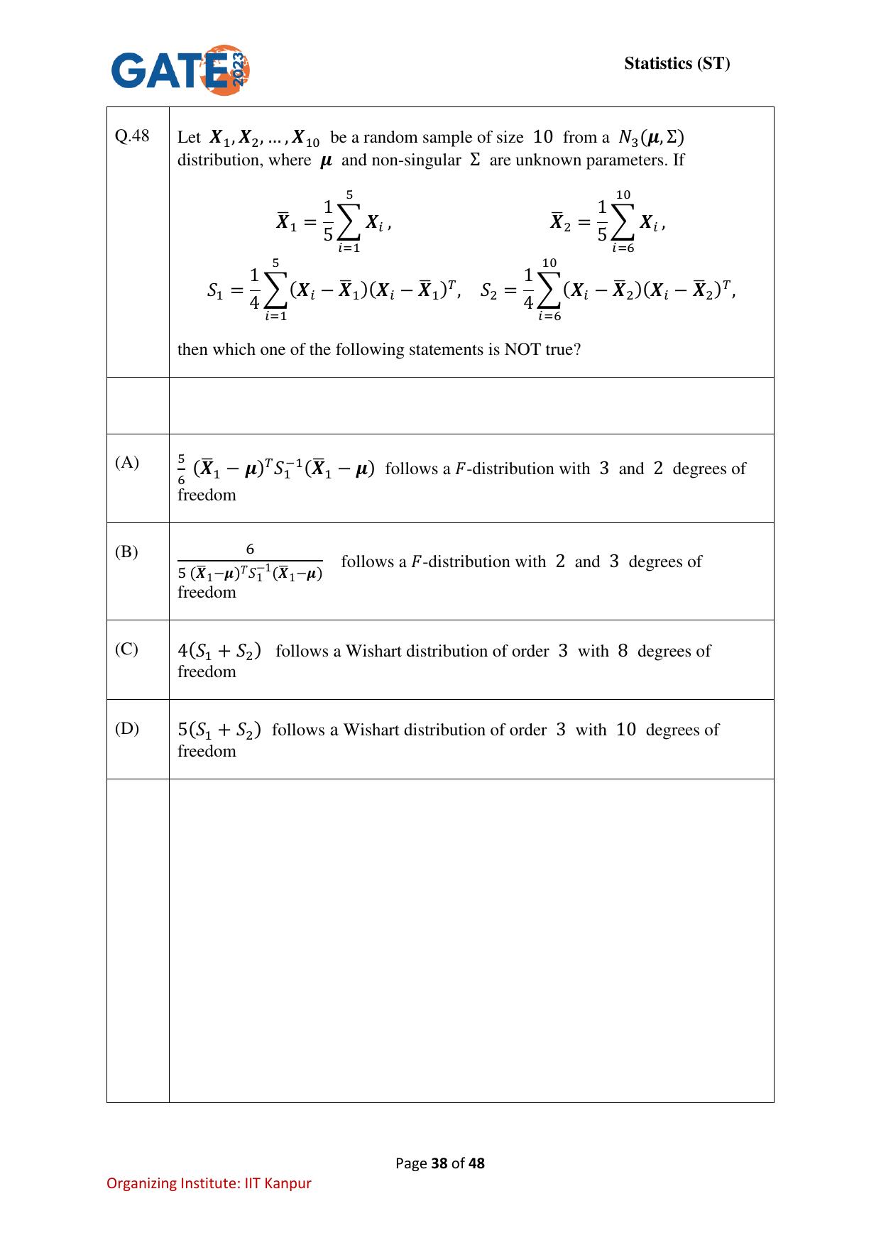 GATE 2023 Statistics (ST) Question Paper - Page 38