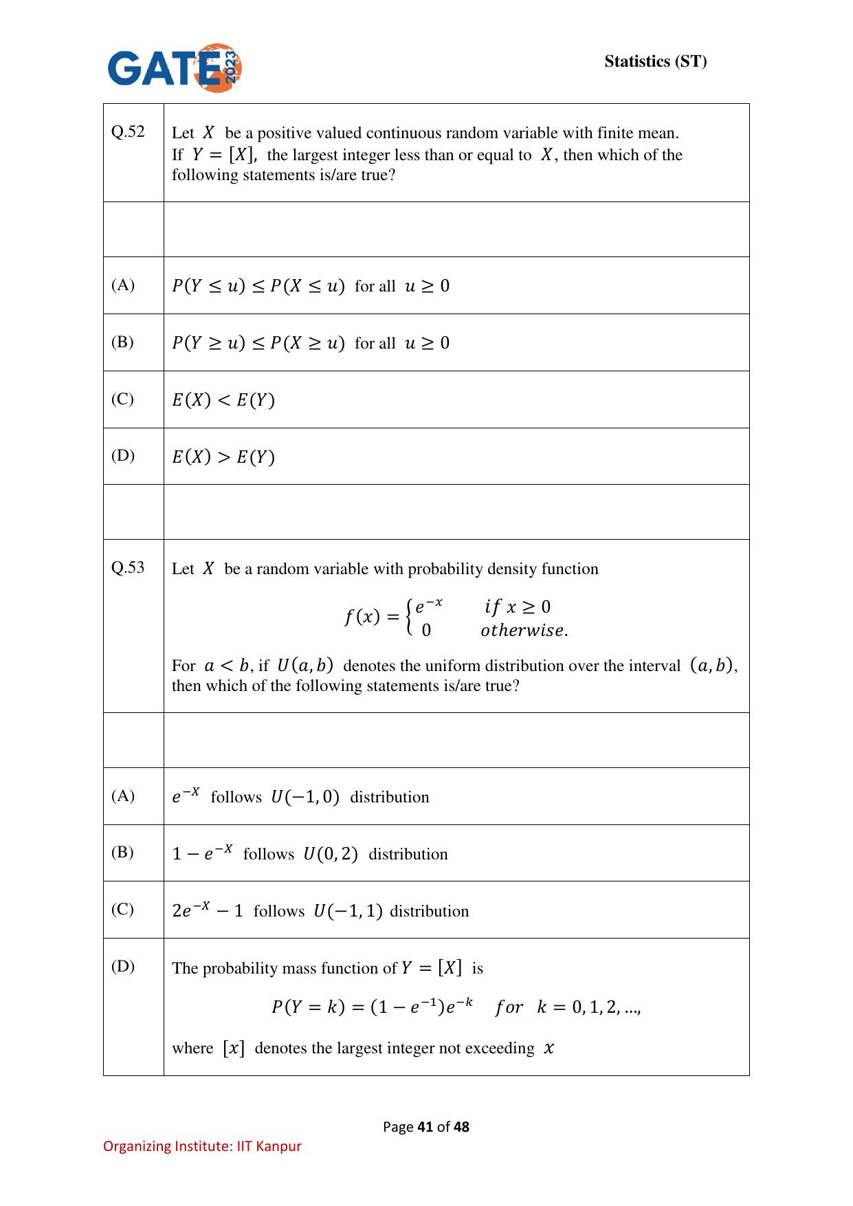 GATE 2023 Statistics (ST) Question Paper - Page 41