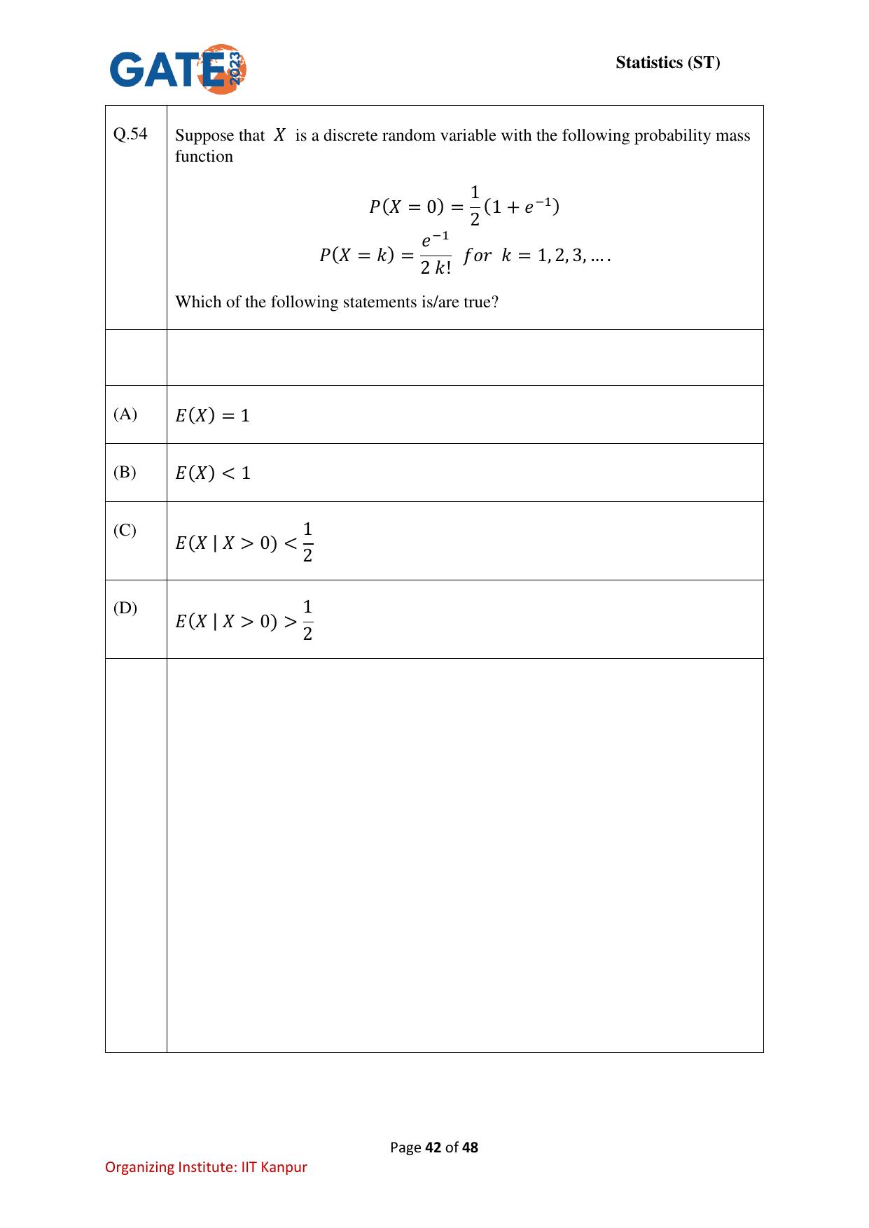 GATE 2023 Statistics (ST) Question Paper - Page 42