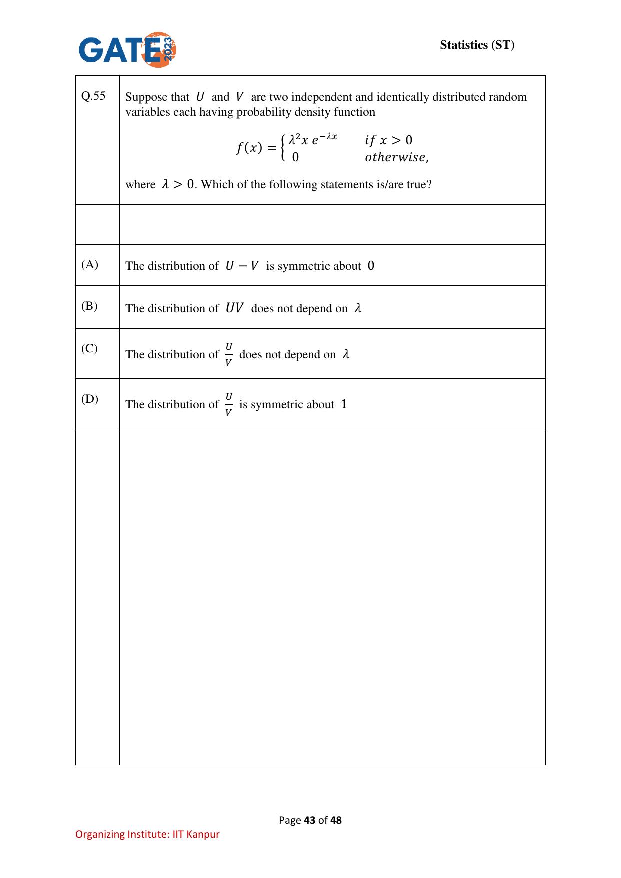 GATE 2023 Statistics (ST) Question Paper - Page 43
