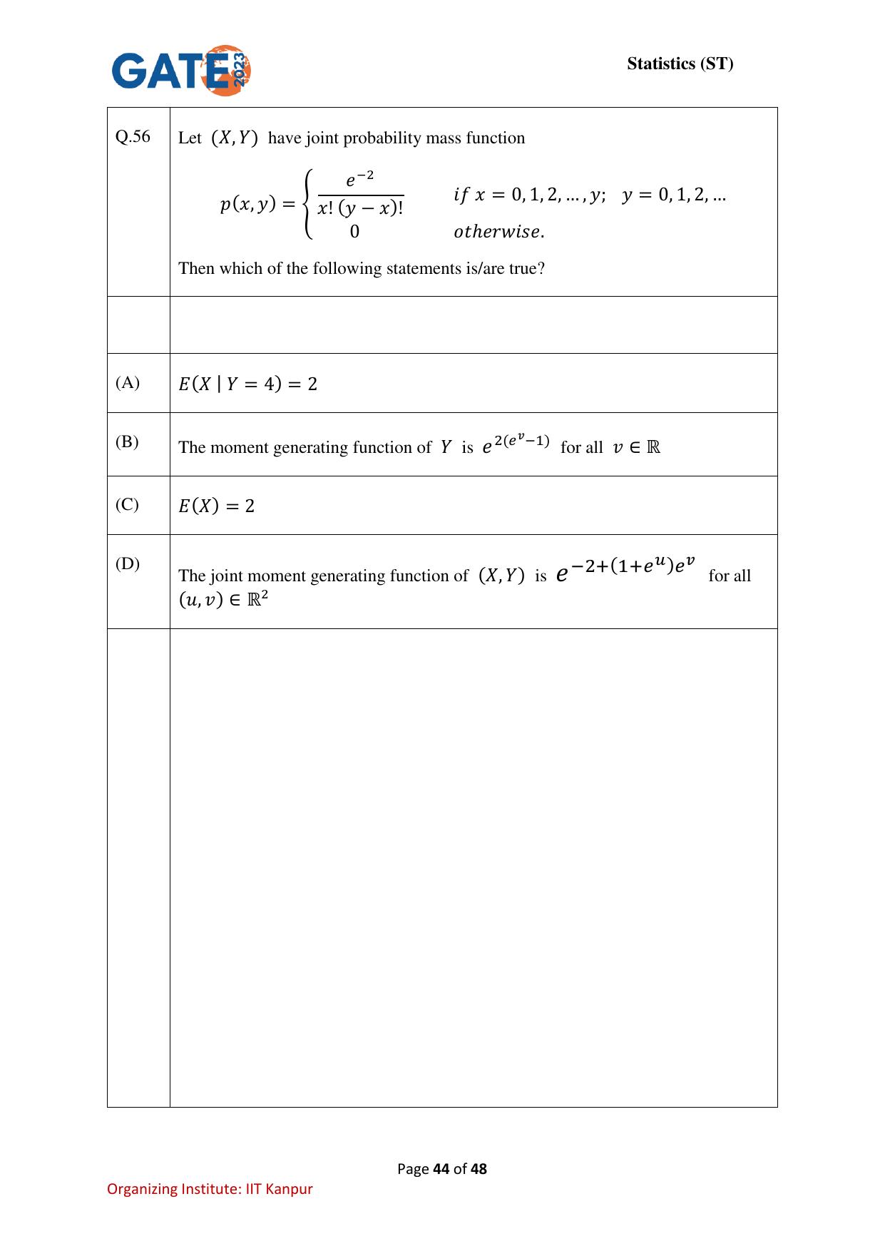 GATE 2023 Statistics (ST) Question Paper - Page 44