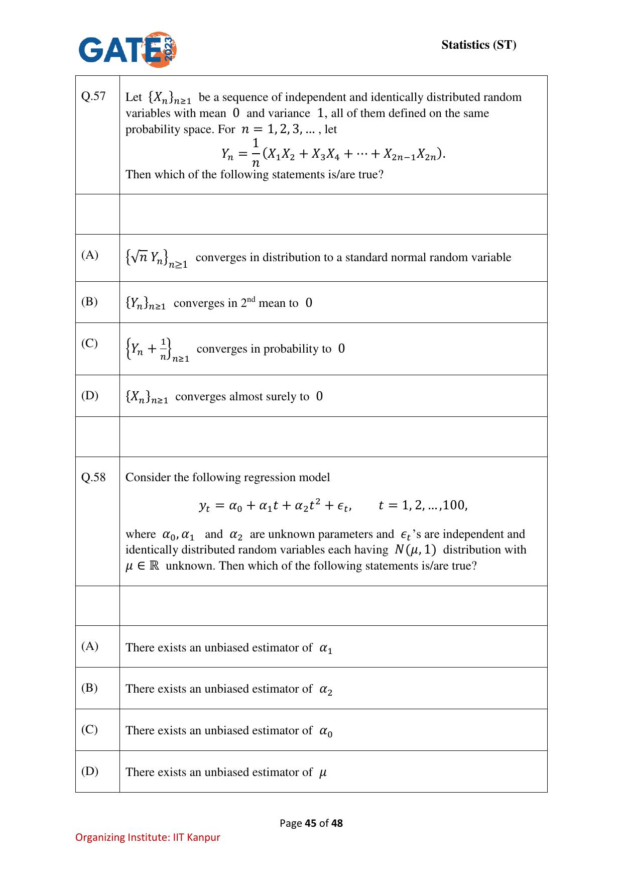GATE 2023 Statistics (ST) Question Paper - Page 45