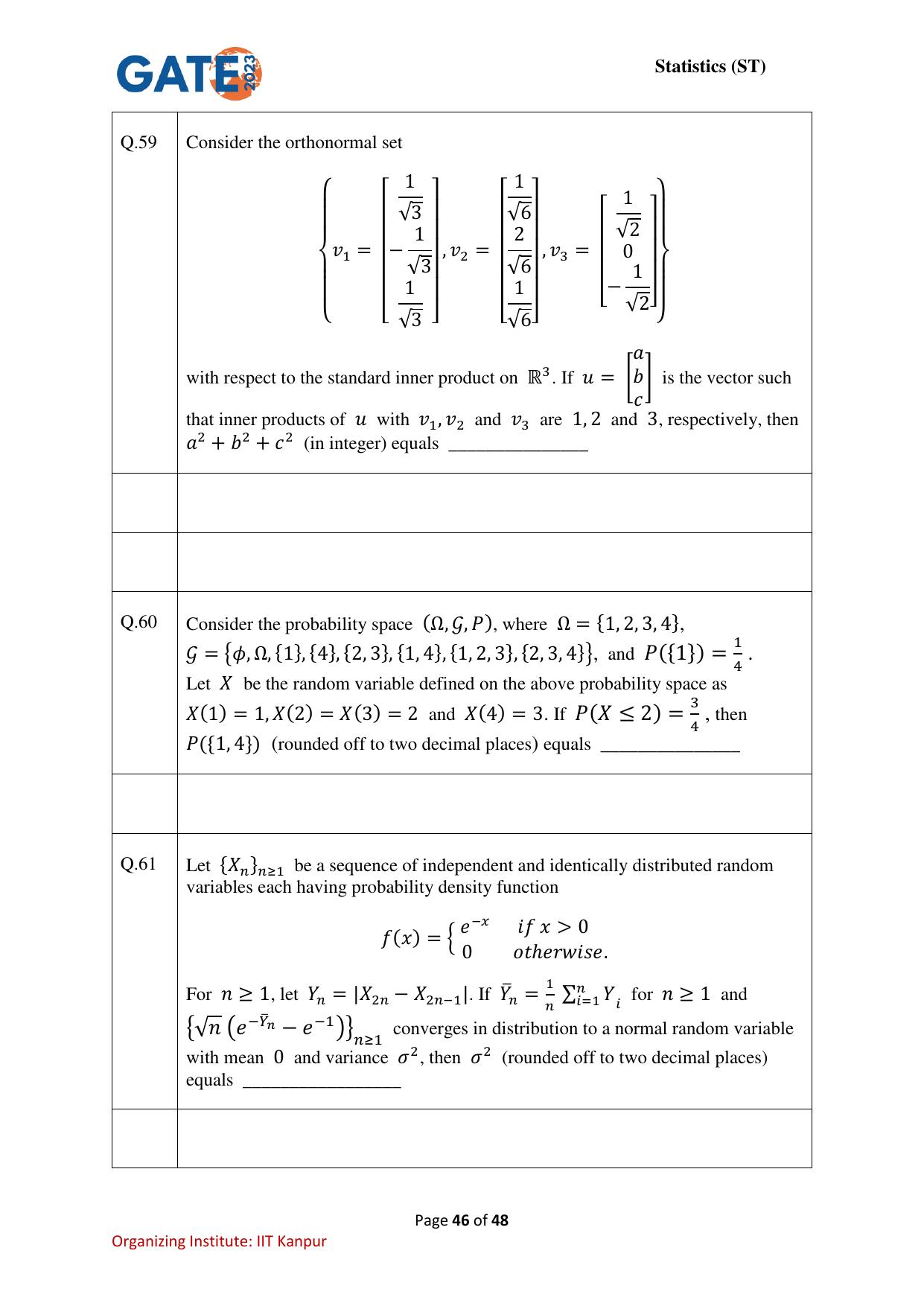 GATE 2023 Statistics (ST) Question Paper - Page 46