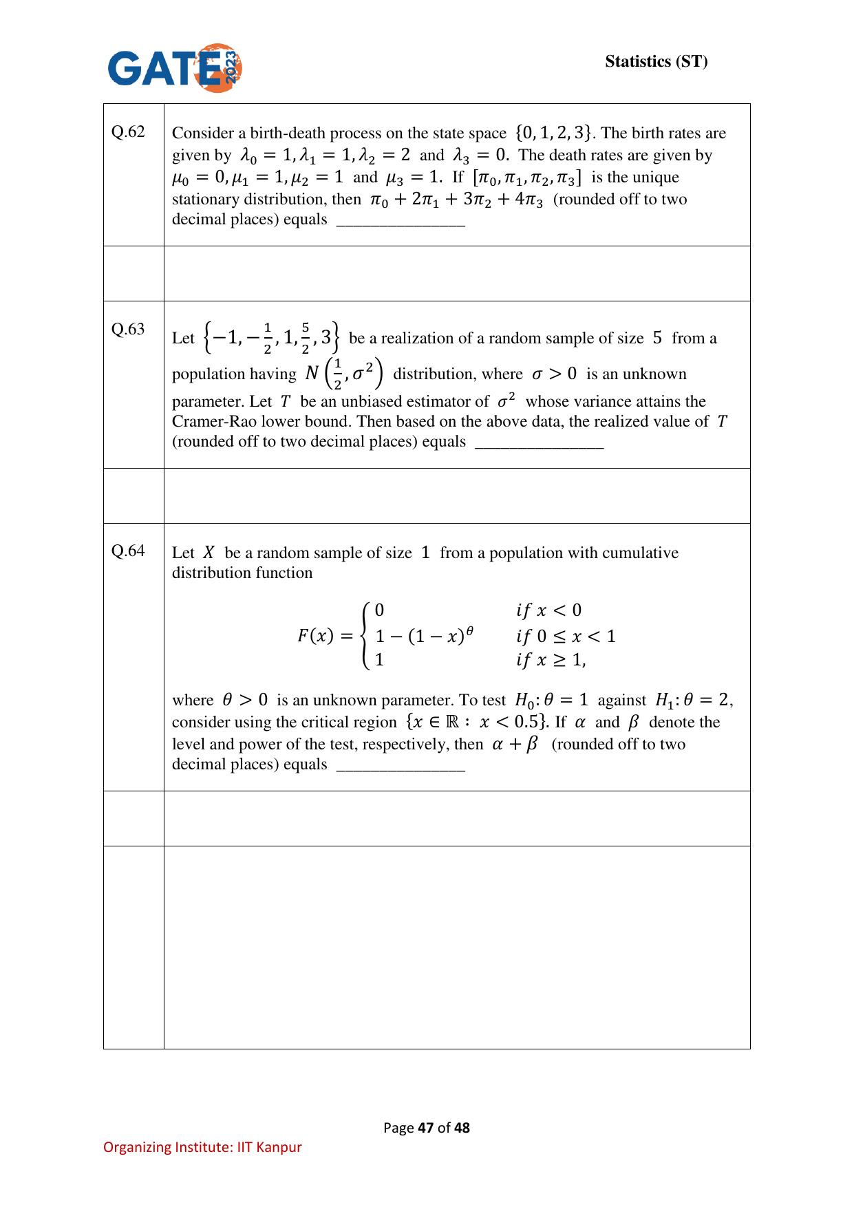GATE 2023 Statistics (ST) Question Paper - Page 47