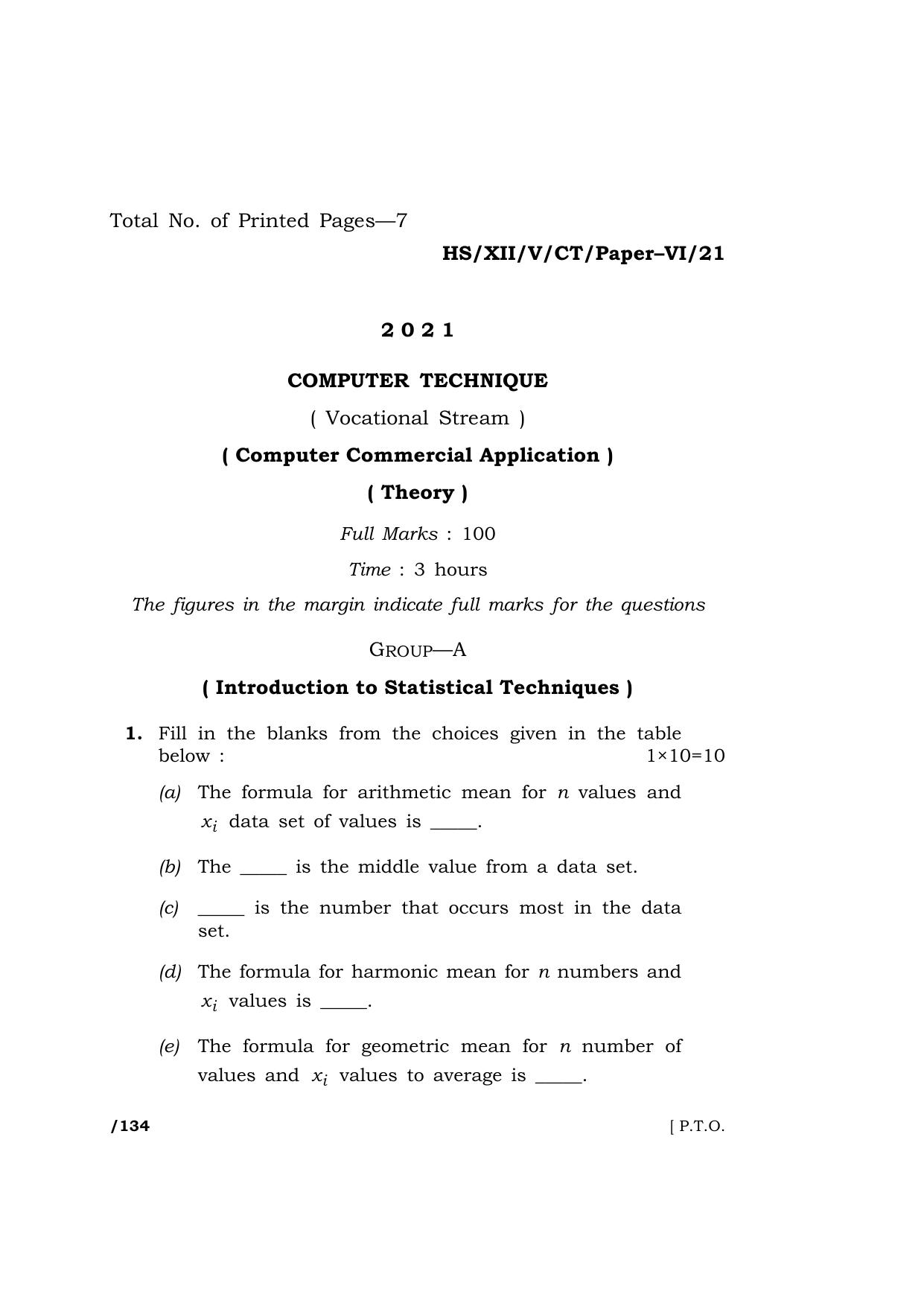 Meghalaya Board (MBOSE) Class 12 COMPUTER TECHNIQUE Paper–VI (HS-XII-V-CT-Paper–VI-21) 2021 Question Paper - Page 1