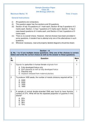 CBSE Class 12 Biology Sample Question Paper 2024-25
