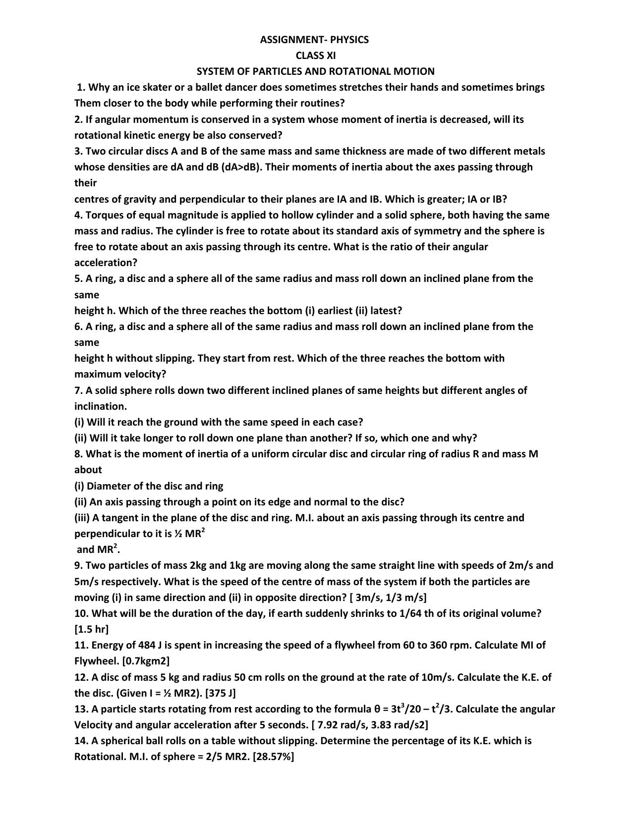 CBSE Worksheets for Class 11 Physics System Of Particles And Rotational Motion Assignment - Page 1