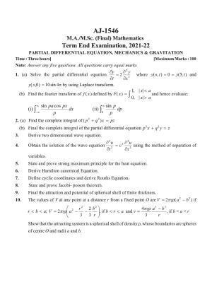 Bilaspur University Question Paper 2021-2022:M.A (Final) Mathematics Partial Differential Equations,Mechanics & Graviation Paper 1