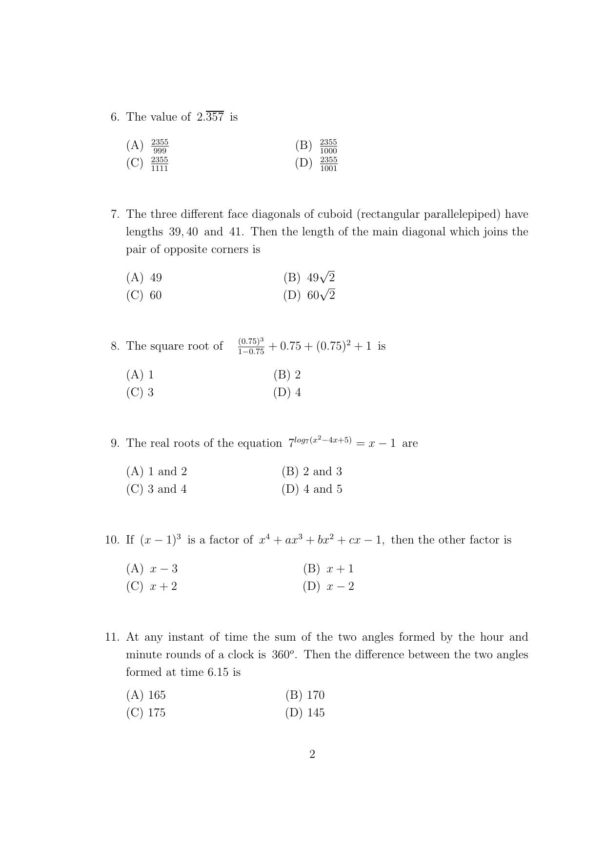CUSAT CAT 2017 B.Tech Lateral Entry Question Paper - Page 5