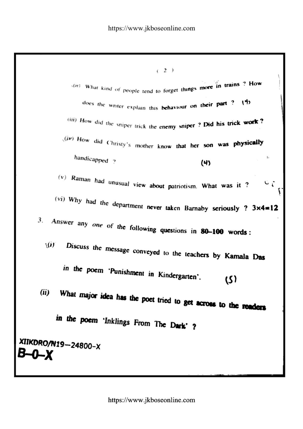 JKBOSE Class 12 English 24800-X Question Papers 2019 - Page 2