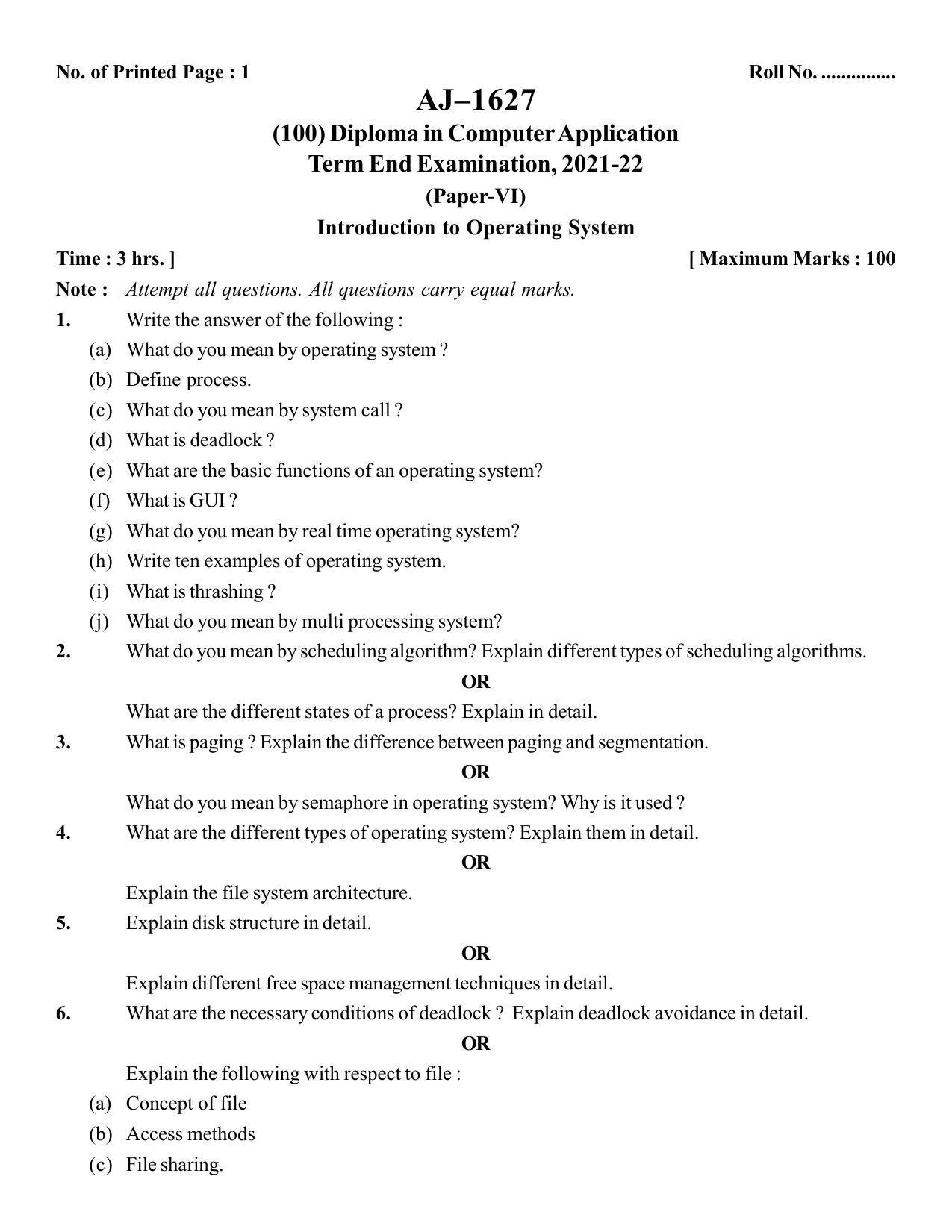 Bilaspur University Question Paper 2021-2022:Diploma In Computer Application Introduction To Operating System Paper 1 - Page 1