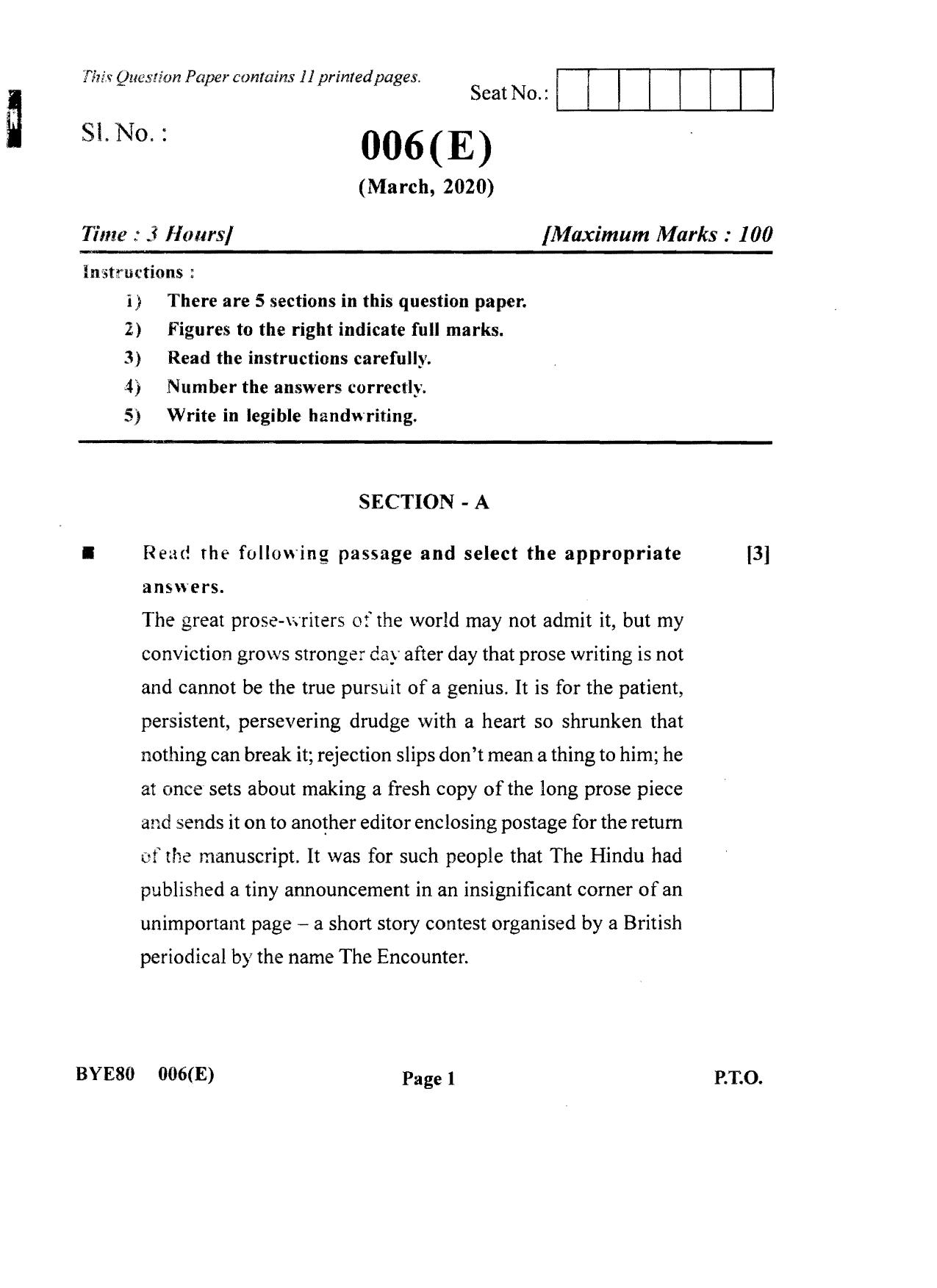 Gujarat Board Class 12th Question Paper 2020: (F.L)English - Page 1