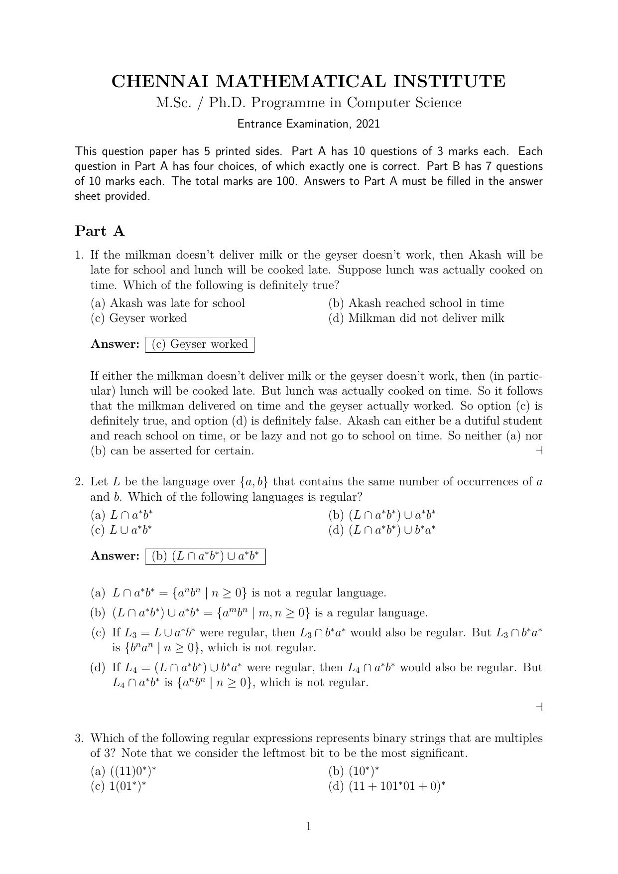 CMI Entrance Exam 2021 Solutions MSc/PhD Computer Science - Page 1