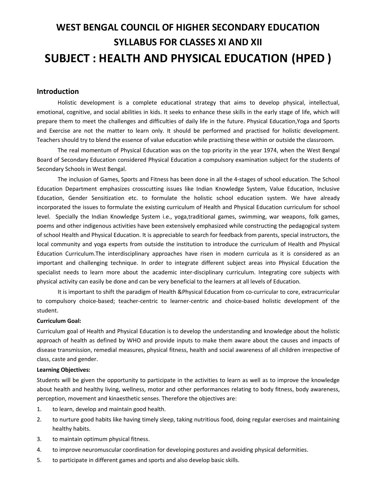 WBCHSE Class 11 & 12 Syllabus for Health and Physical Education (HPED) (SET III) - Page 1