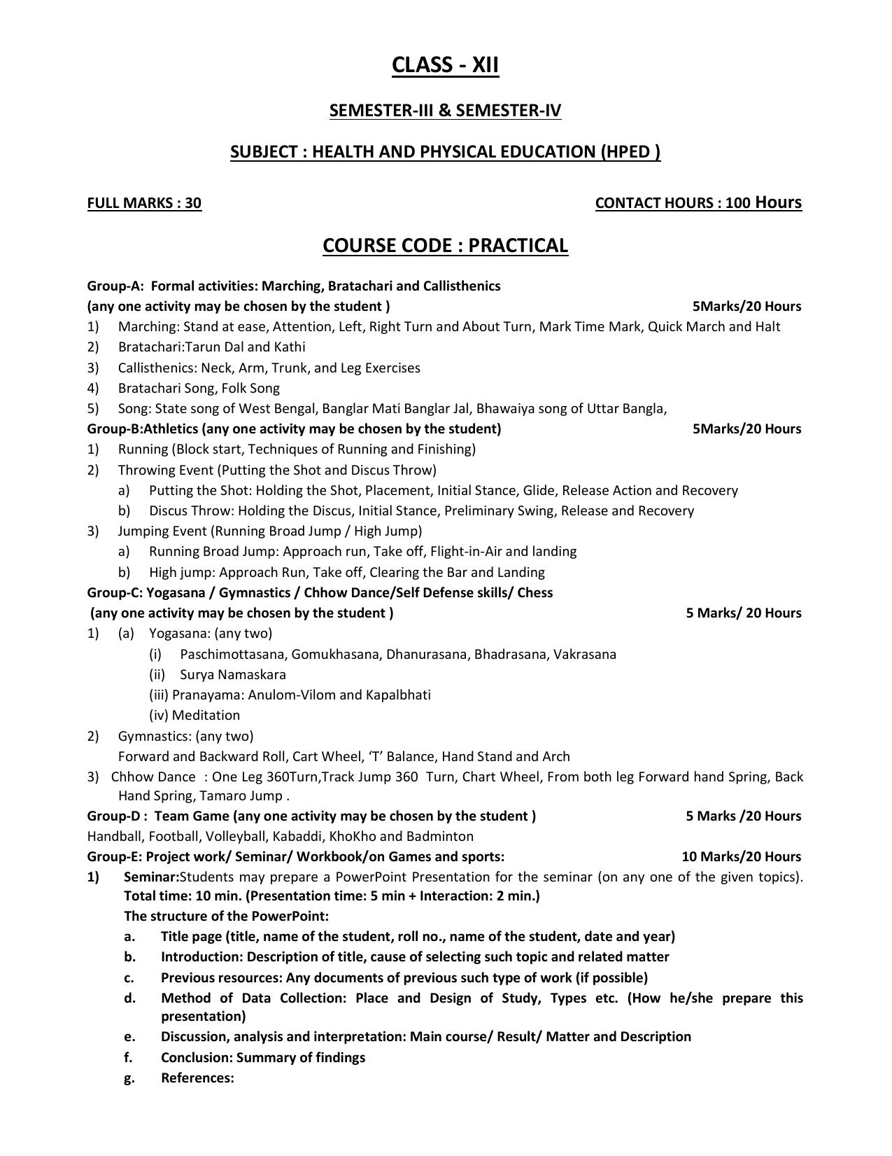 WBCHSE Class 11 & 12 Syllabus for Health and Physical Education (HPED) (SET III) - Page 28