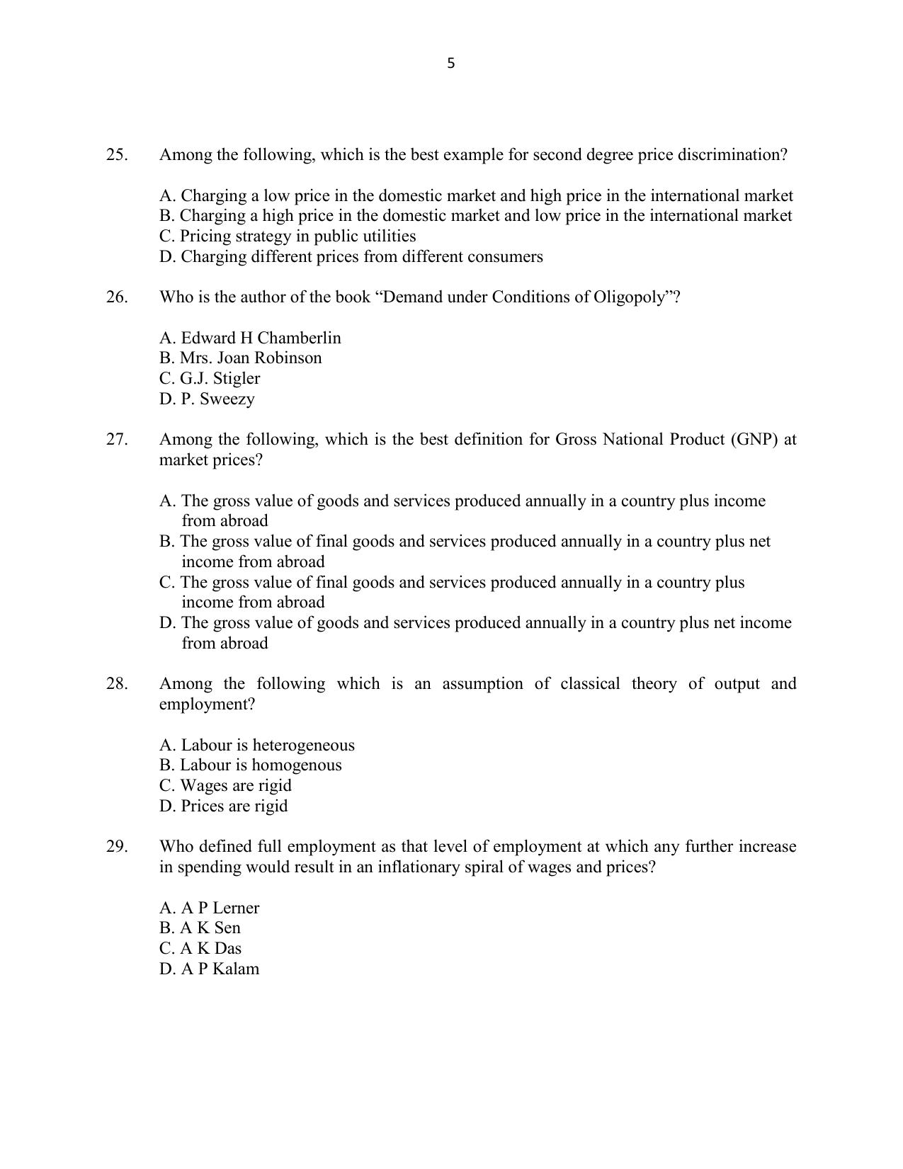 CUSAT CAT 2016 Applied Economics Question Paper - Page 5