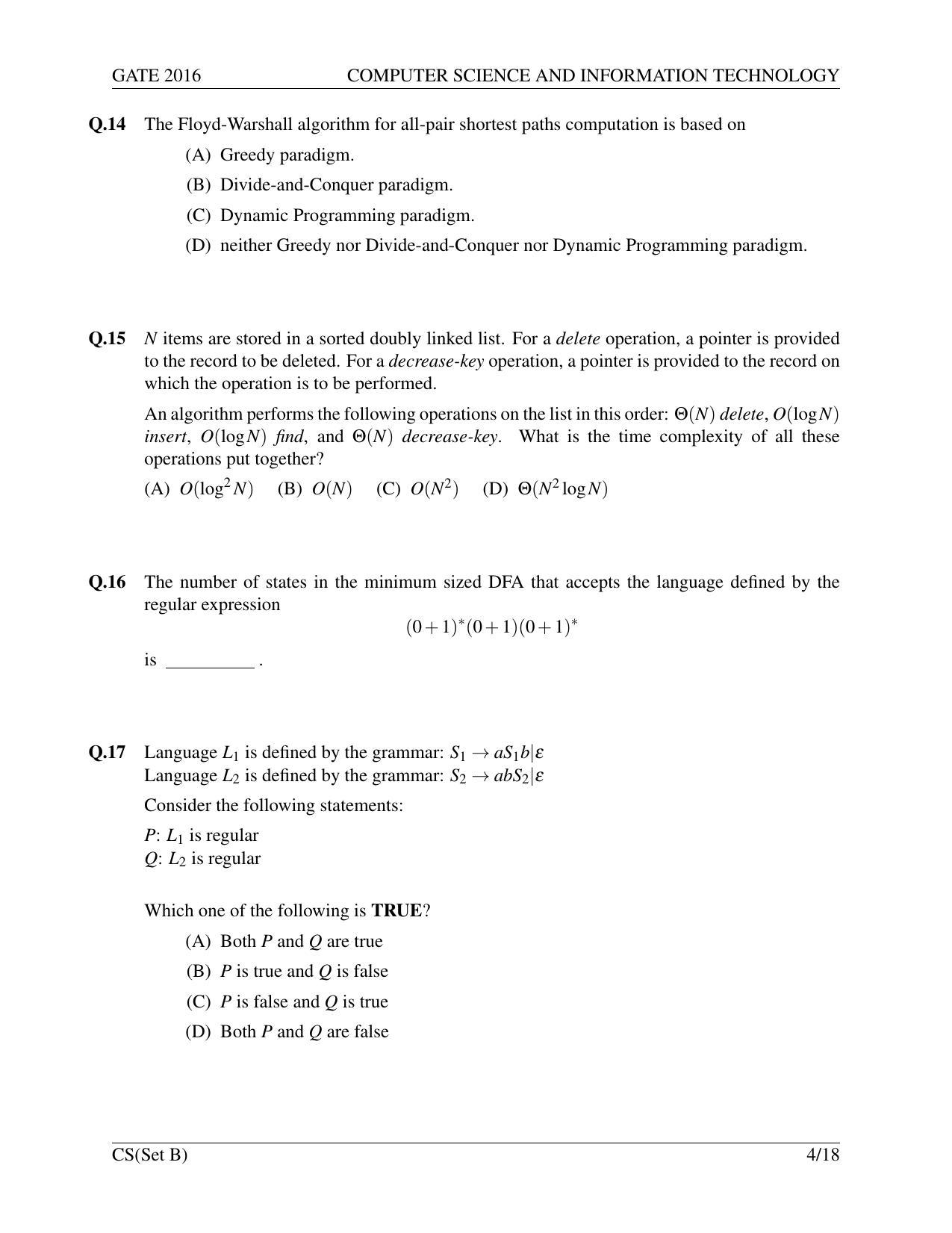 GATE 2016 Computer Science and Information Technology (CS) Question Paper with Answer Key - Page 29