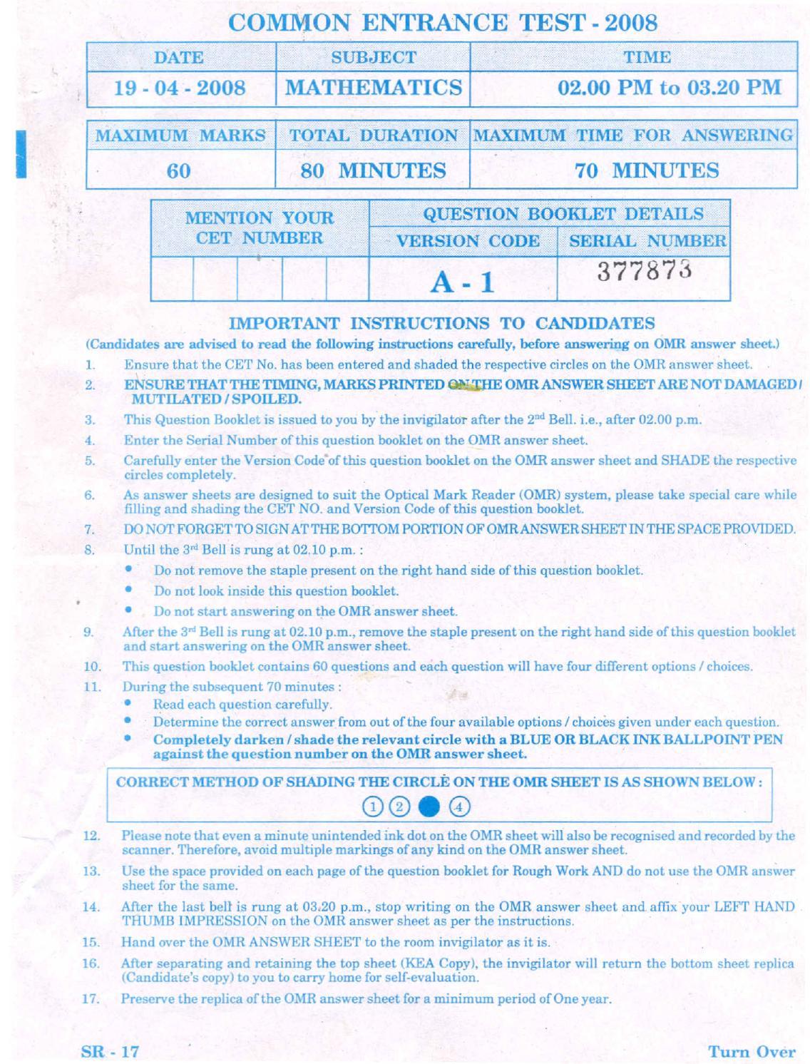 KCET Mathematics 2008 Question Papers - Page 1