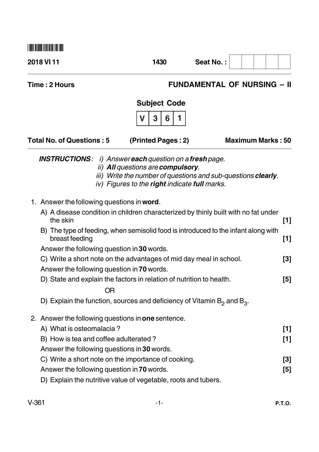 Goa Board Class 12 Fundamentals of Nursing - II Voc 361 (June 2018) Question Paper - Page 1