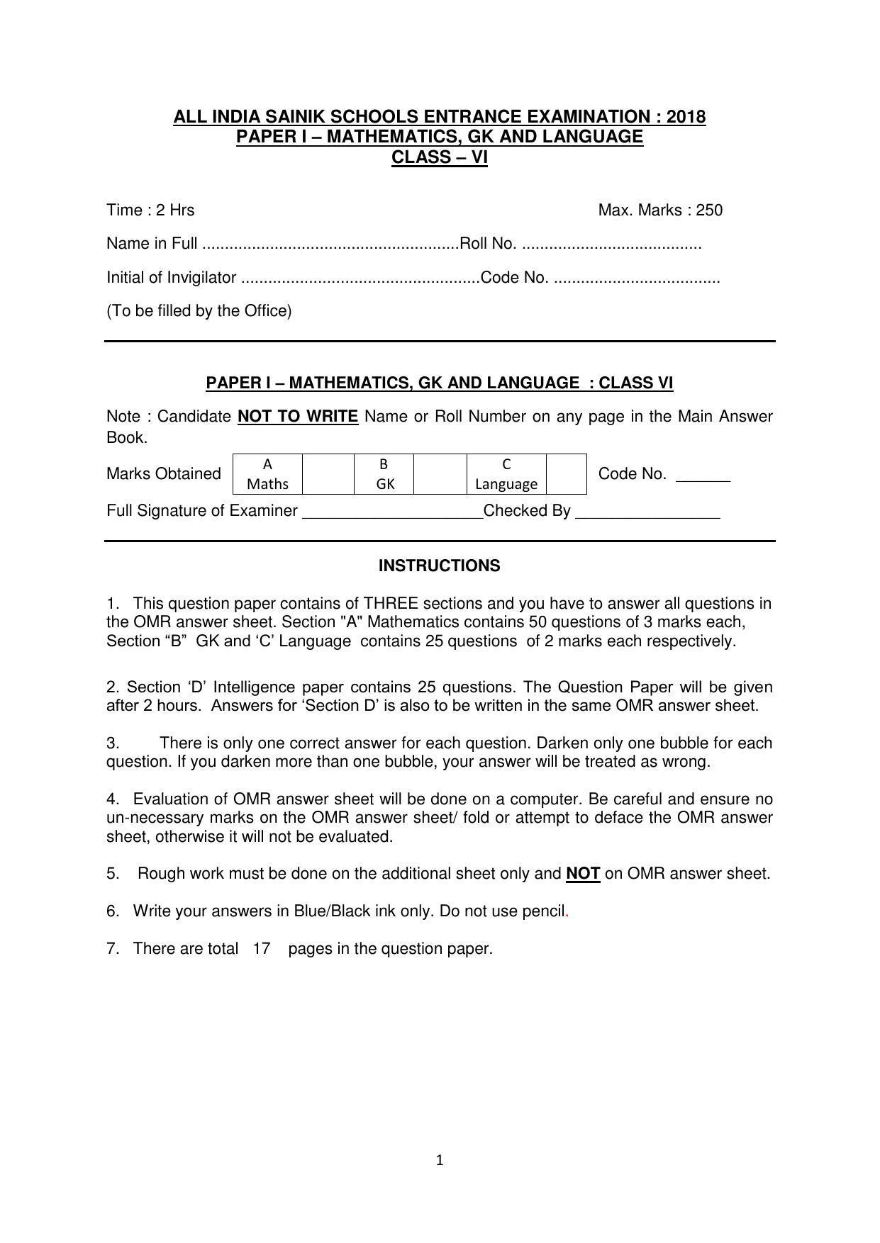 Sainik School (AISSEE) 2018 question papers for Class 6 Paper I - Page 1