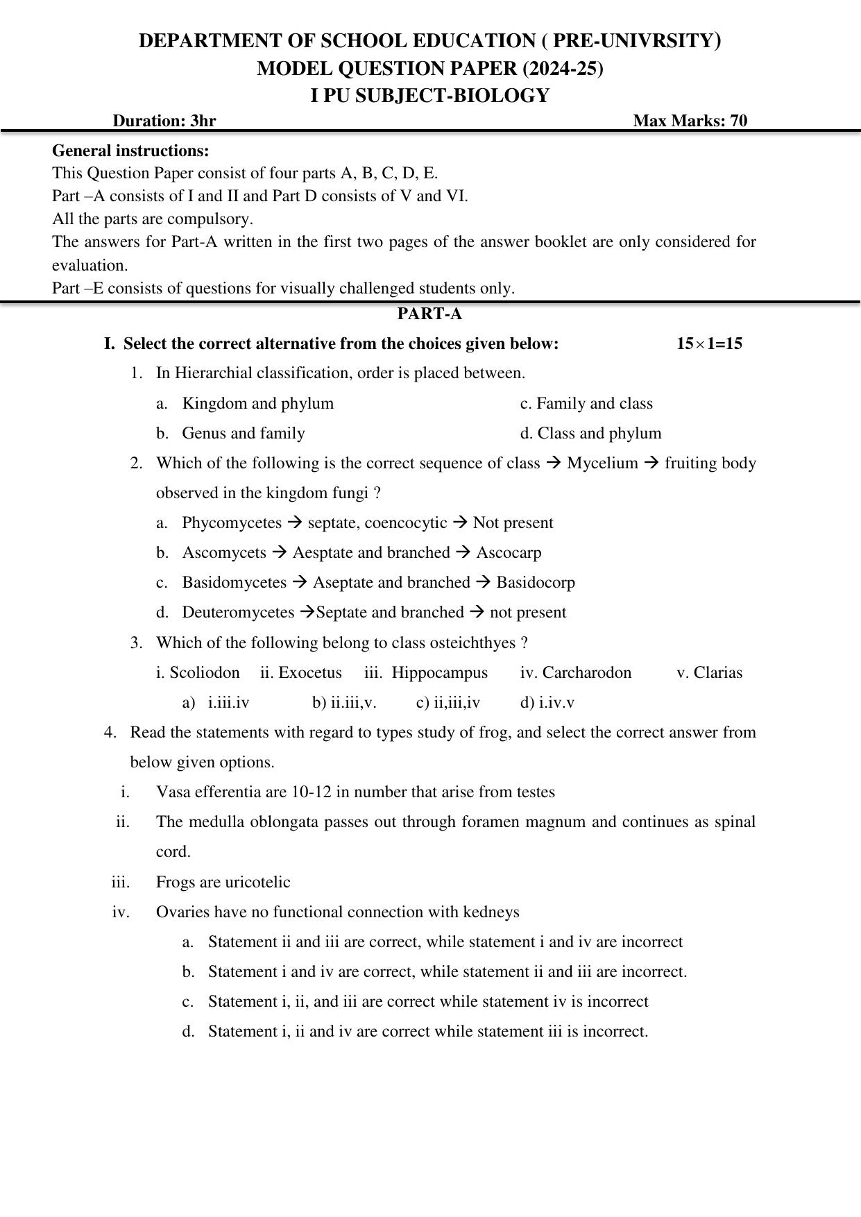 Karnataka 1st PUC Biology Model Question Paper 2025 - Page 1