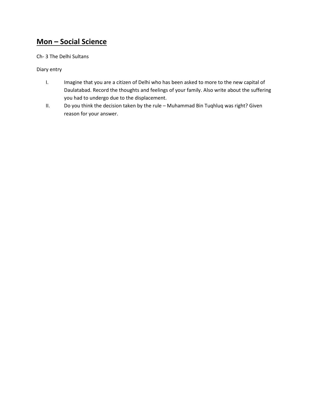CBSE Worksheets for Class 7 Geography The Delhi Sultans Assignment - Page 1