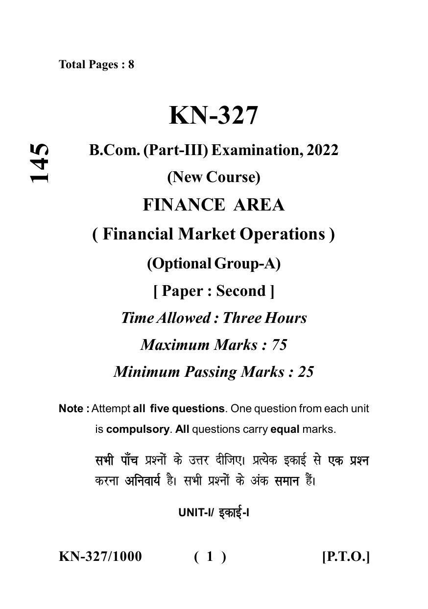 Sarguja University Question Paper - 2022 : B.Com Part Three (10+2+3) 3 Y DC (II)Financial Market Operations Paper II - Page 1