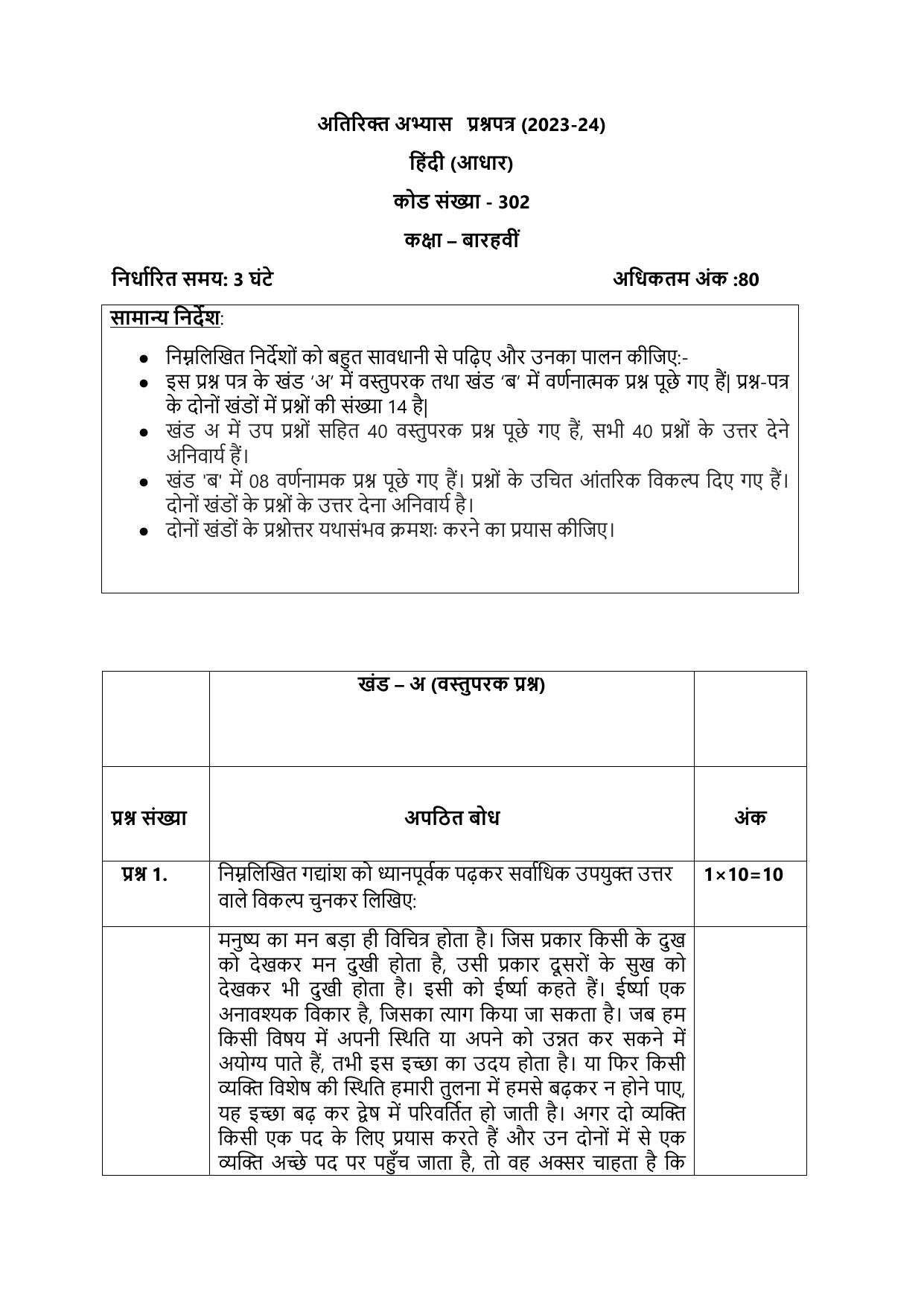 CBSE Class 12 Hindi SET 2 Practice Questions 2023-24  - Page 1