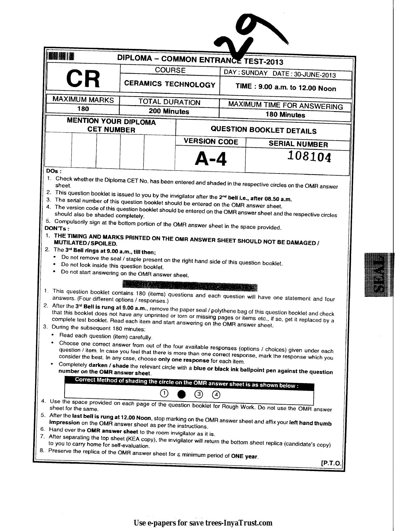 Karnataka Diploma CET- 2013 Ceramics Technology Question Paper - Page 1