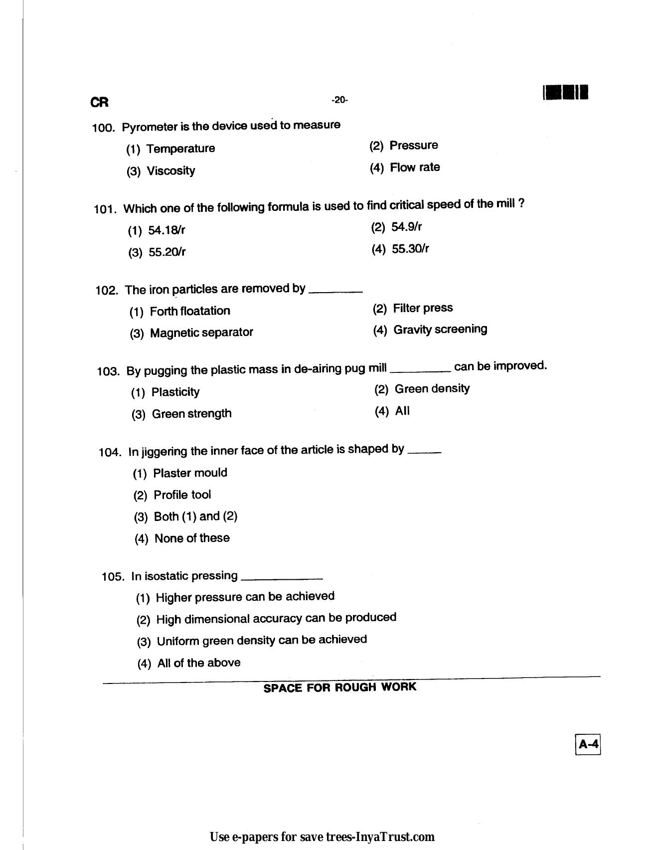 Karnataka Diploma CET- 2013 Ceramics Technology Question Paper - Page 20