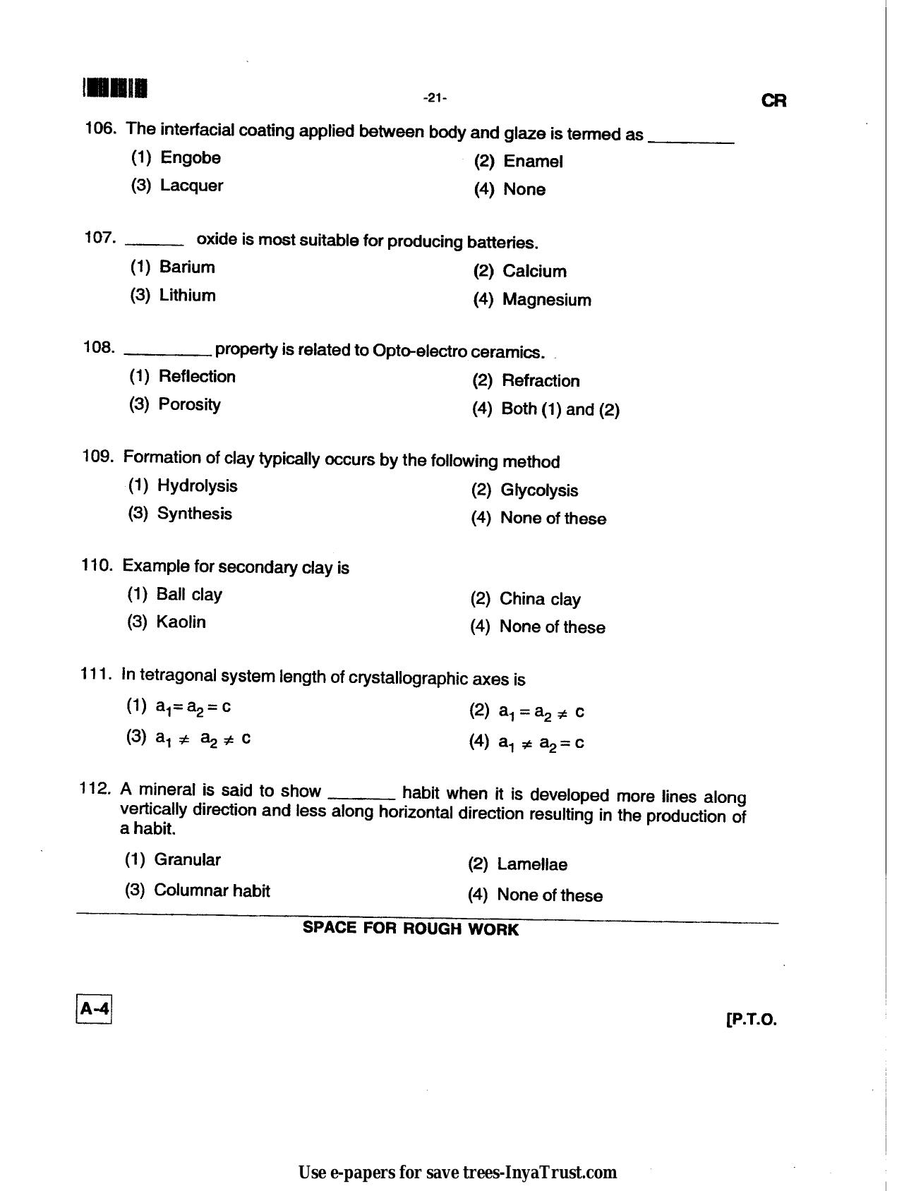 Karnataka Diploma CET- 2013 Ceramics Technology Question Paper - Page 21