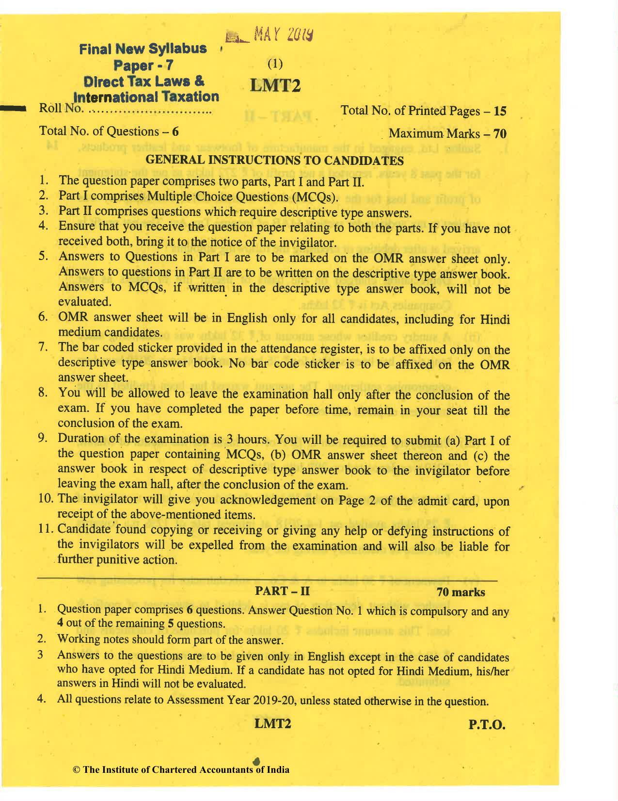 CA Final May 2019 Question Paper - Paper 7 – Direct Tax Laws and International Taxation - Page 1